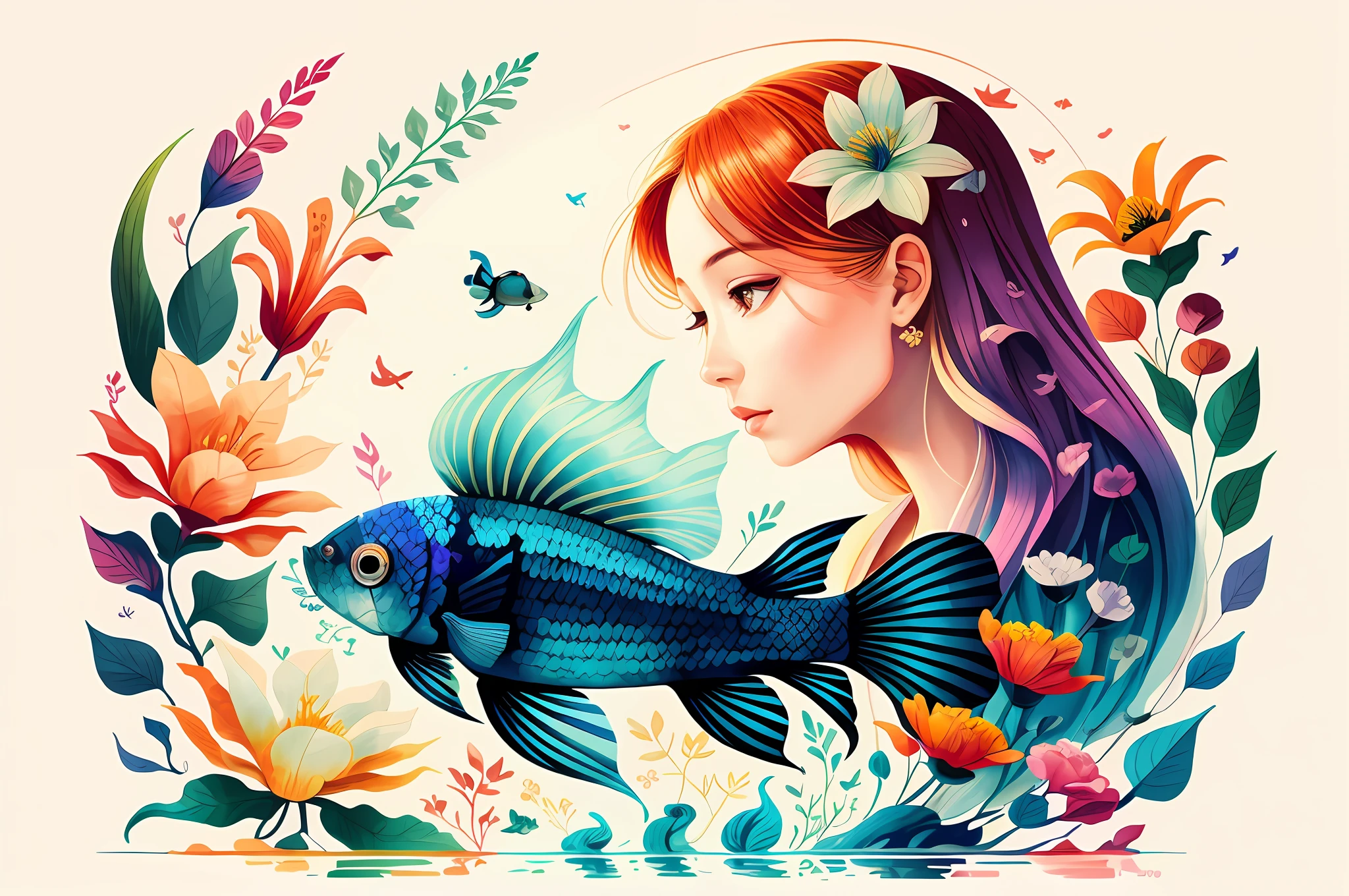 there is a woman with long hair and a fish in her hand, a beautiful artwork illustration, exquisite digital illustration, beautiful digital illustration, in style of digital illustration, beautiful digital artwork, stunning digital illustration, gorgeous digital art, beautiful digital art, very beautiful digital art, beautiful gorgeous digital art, beautiful art uhd 4 k, colorful illustration, colorfull illustration