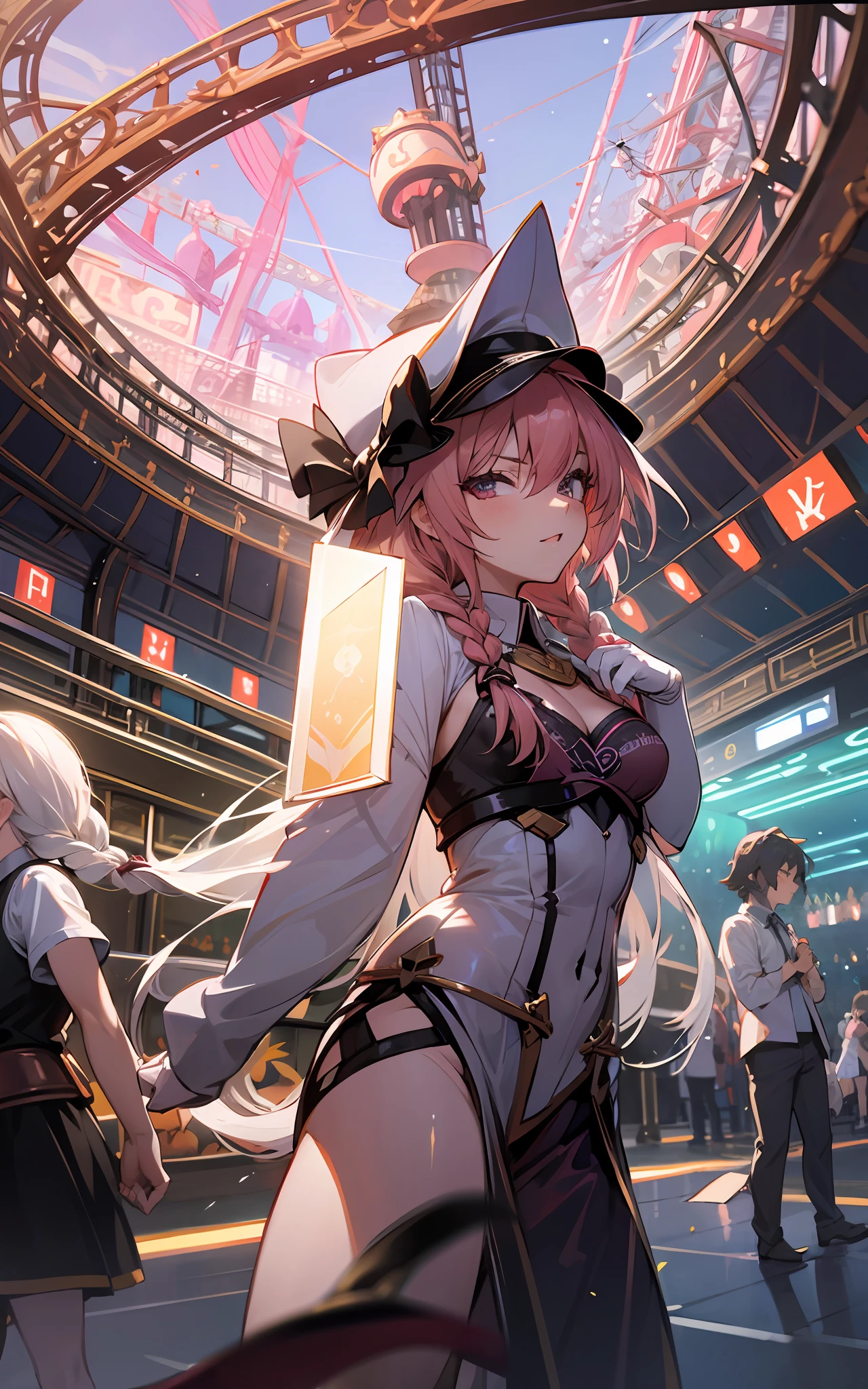 Top quality, 8K, 4K, high definition, detail, Astolfo, FGO, woman, bright amusement park, flat breasts, long braids, lots of spectators,
