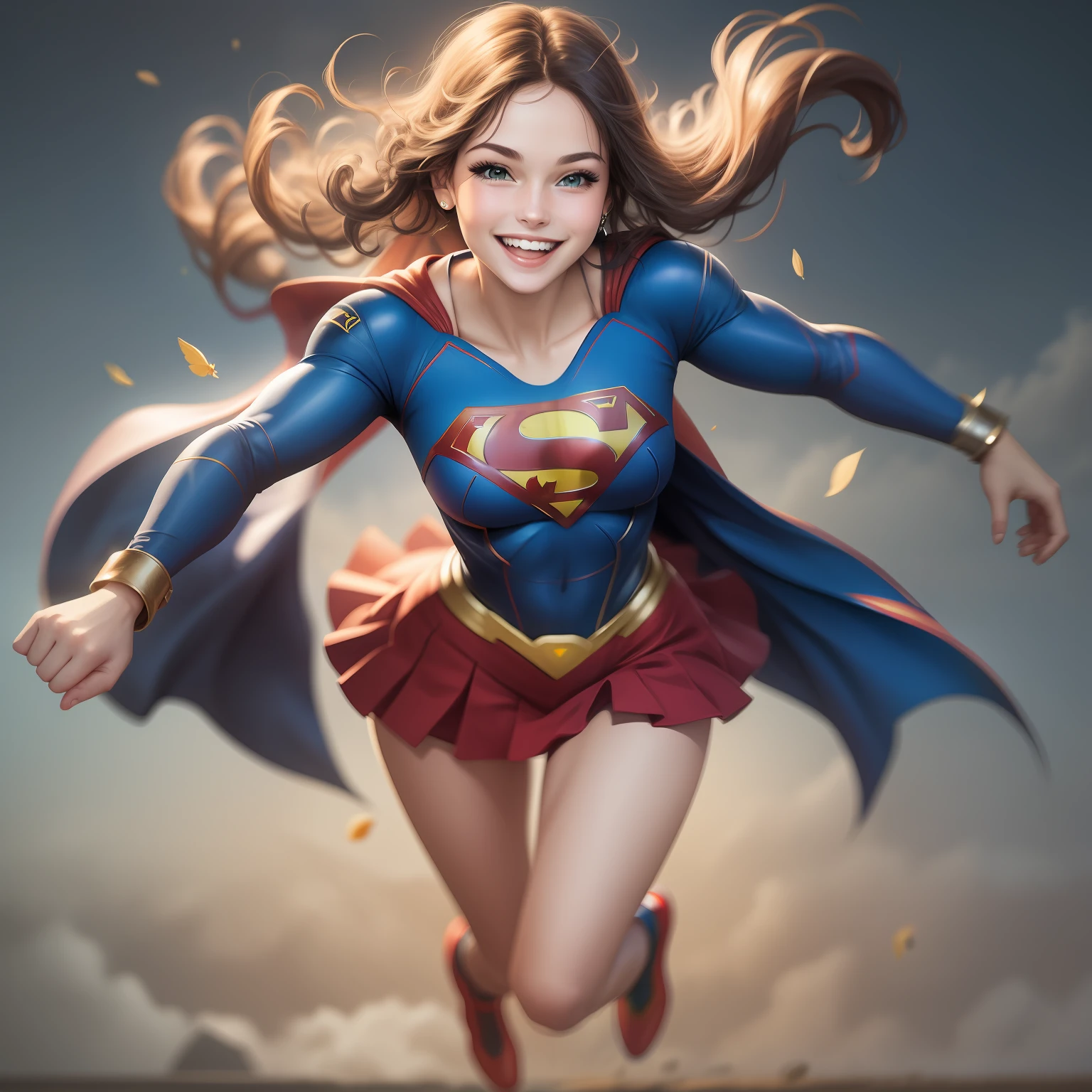 Supergirl, full body, smiling, flying, perfect hands