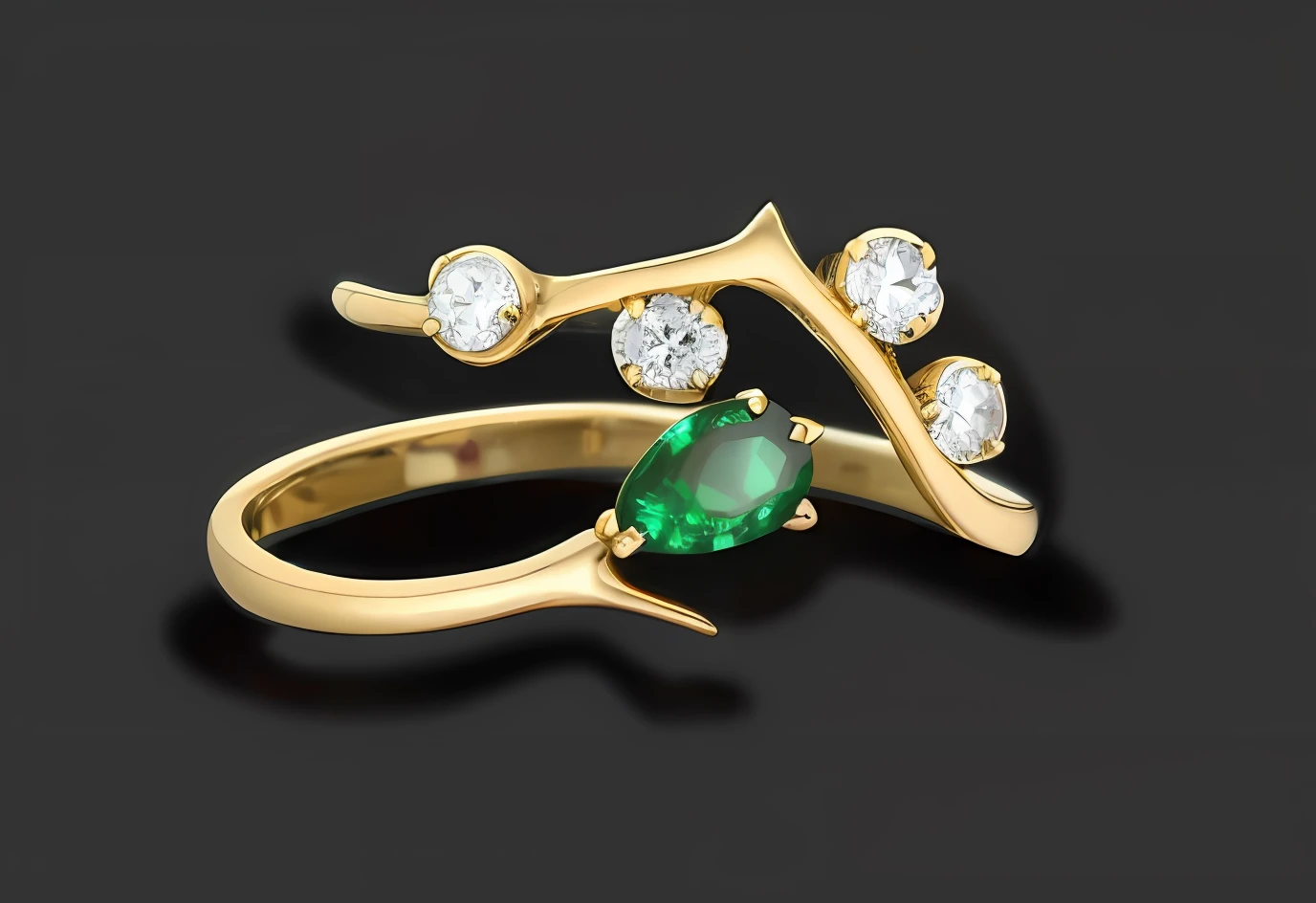 Close up of ring with green gemstones and diamonds, emerald jewelry, jewelry design, green jewelry, yellow gold and green, set gemstones, emeralds, gemstones and gold, gold crusts, gold jewelry, elegant green, green, green tones, rendering, sophisticated, yellow gold jewelry, gemstones and gold, green gold, ring, real details, hyper-realism