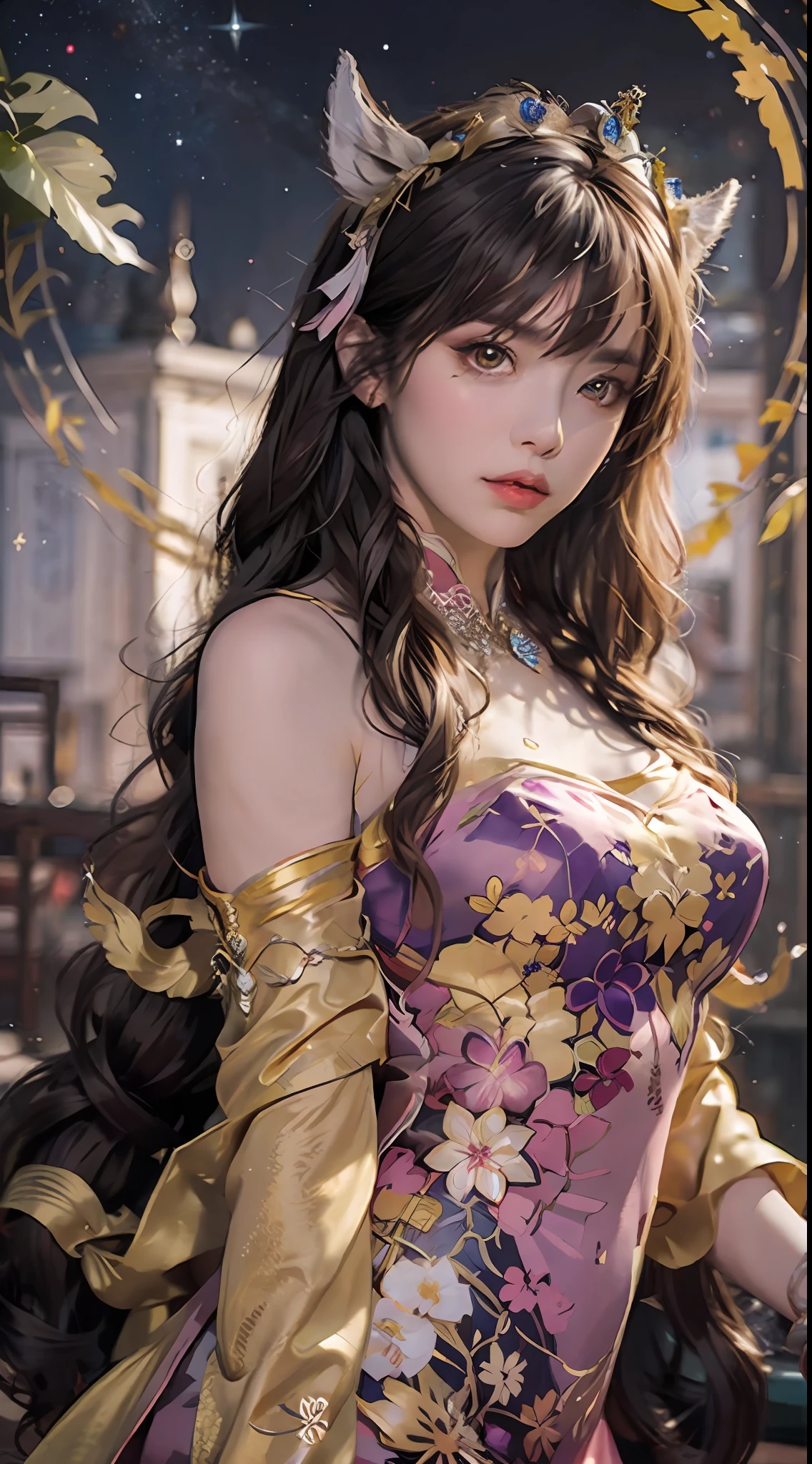 1 27-year-old girl, 1 zodiac goddess from the future, goddess of the pink and purple 12 zodiacs, the goddess of the zodiac in a yellow ao dai, a 12 zodiac ao dai with many black lace detail, mythology Goddess of the 12 zodiacs from the future, zodiac ♏, luxurious glittering zodiac style, dark and mysterious version, zodiac crown, lipstick lips red, thin and beautiful lips, mouth closed, characters made by karol bak and pino daeni, intricate detail, detailed background, extremely detailed, light magic, a woman, clear face, hair long with bangs, beautiful face in detail and well-proportioned eyes, (transparent yellow eyes: 1.8), big round eyes and very beautiful and detailed makeup, foresight, silk dress, mysterious makeup , double bangs and dyed light blonde , upper half portrait, zodiac goddess portrait, arms hanging loosely, Realistic and vivid photo, (stars make up the zodiac: 1.7), (sky background zodiac and fictitious space and time portal: 1.8), fiction art, RAW photo, hanfu picture, best photo, best photo quality, 8k quality, 8k ultra, super realistic, real photo most economical, the goddess poses sexy and seductive,
