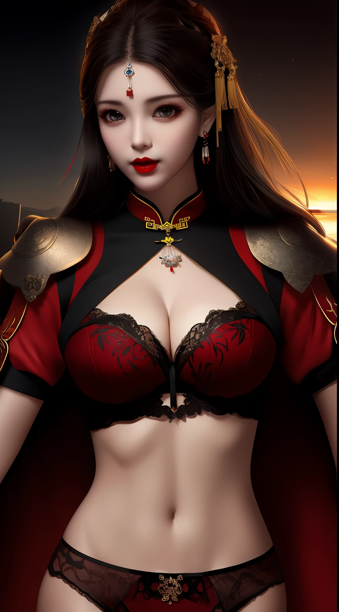 Realistic, 1 girl, see-through chinese armor soft red black, very large breasts, black hair, red lips, detailed eyes , dark backgrou,,Low light, Chinese underwear, best face, Low light landscape, sexy style, royal, Penetration , chinese underwear,bust, Dark background, Detailed face, taken from the belly up