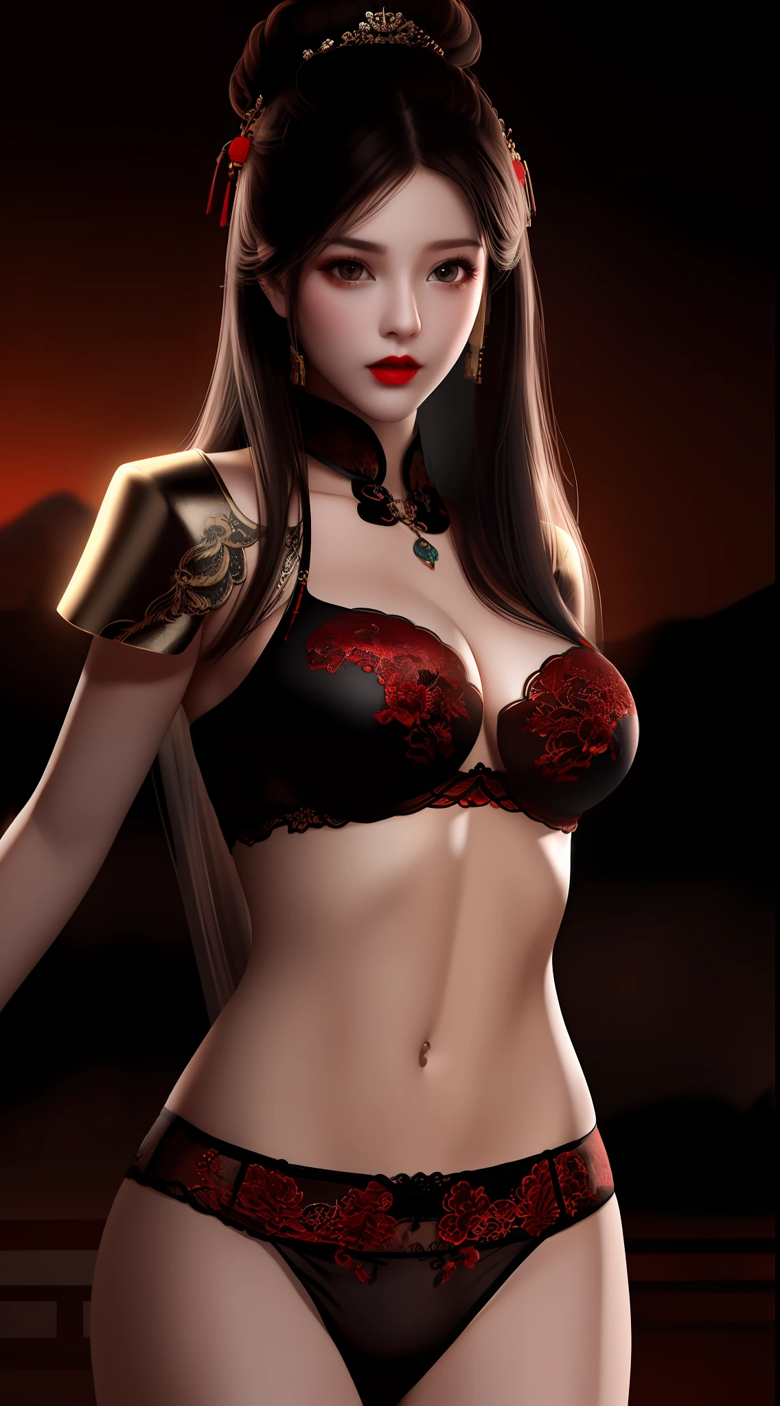 Realistic, 1 girl, see-through chinese armor soft red black, very large breasts, black hair, red lips, detailed eyes , dark backgrou,,Low light, Chinese underwear, best face, Low light landscape, sexy style, royal, Penetration , chinese underwear,bust, Dark background, Detailed face, taken from the belly up