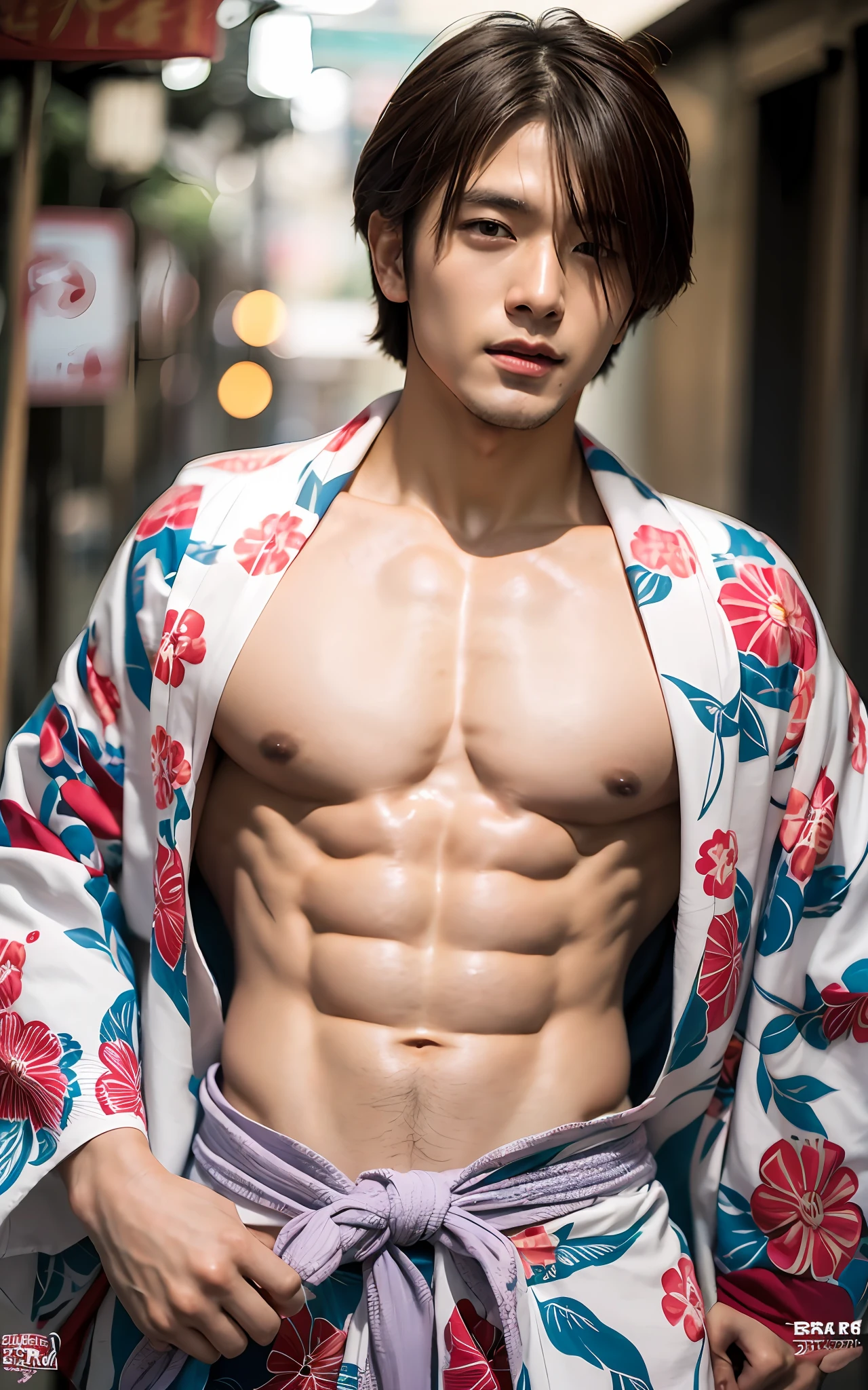 (Photottristic: 1.2, Best Quality, 8K, Sensuality: 1.3), (Man, Solo, Japan, Dynamic Angle), 20 years old, Actor, Brown hair, Bodybuilder, Fine skin, (Film Lighting), Kimono, Yukata, Soft Light, (Arm hair, Chest hair: 1.3)