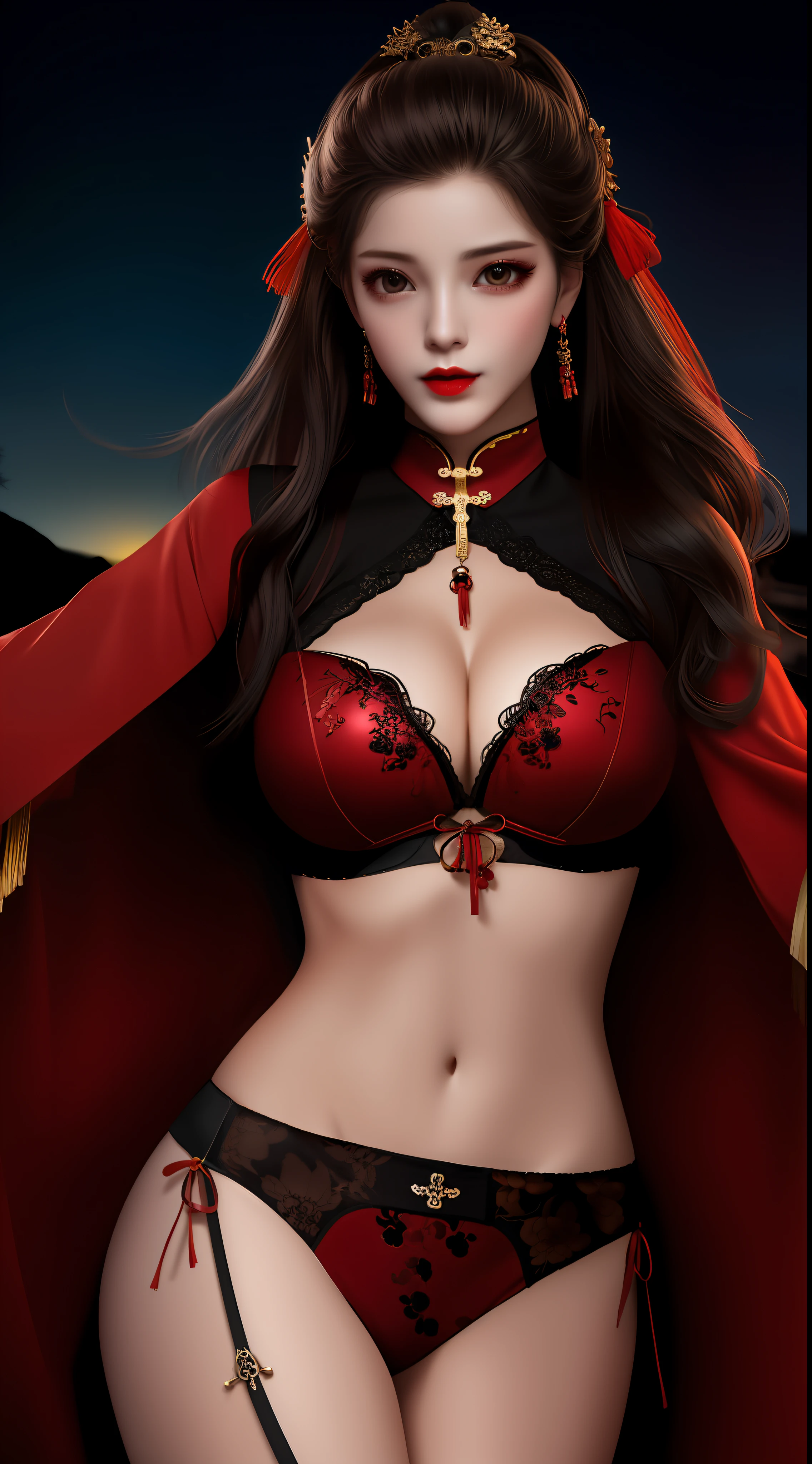 Realistic, 1 girl, see-through chinese armor soft red black, very large breasts, black hair, red lips, detailed eyes , dark backgrou,,Low light, Chinese underwear, best face, Low light landscape, sexy style, royal, Penetration , chinese underwear,bust, Dark background, Detailed face, taken from the belly up