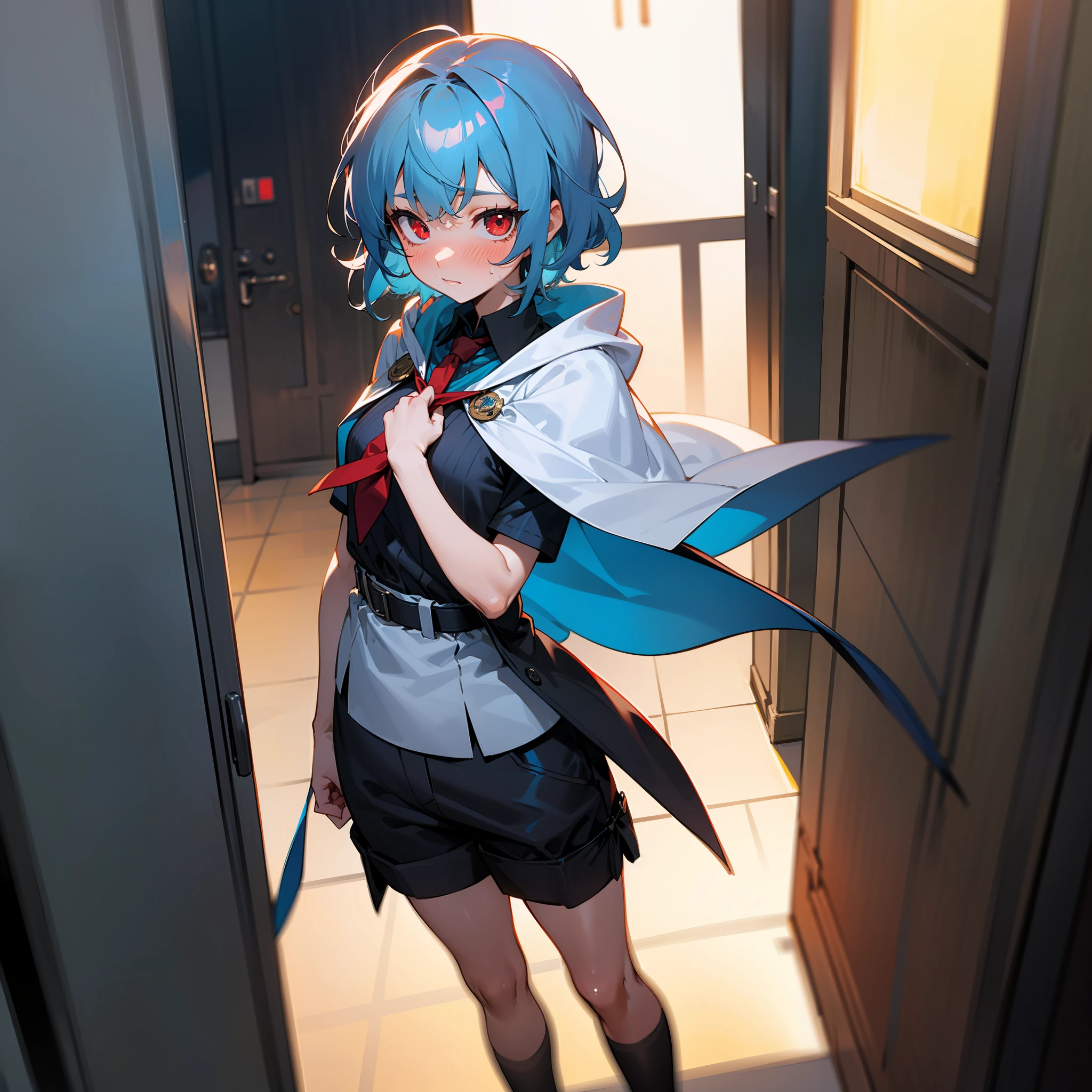 A girl, about 16 years old, medium chest, cute, round eyes, big eyes, disheveled hair, blushing, shy, black short-sleeved top, red tie, white hooded cape, blue stripes on cape, black shorts, belt, black stockings, light blue hair, short hair, asymmetric bangs, black and white bow on head, red eyes, standing in the hallway