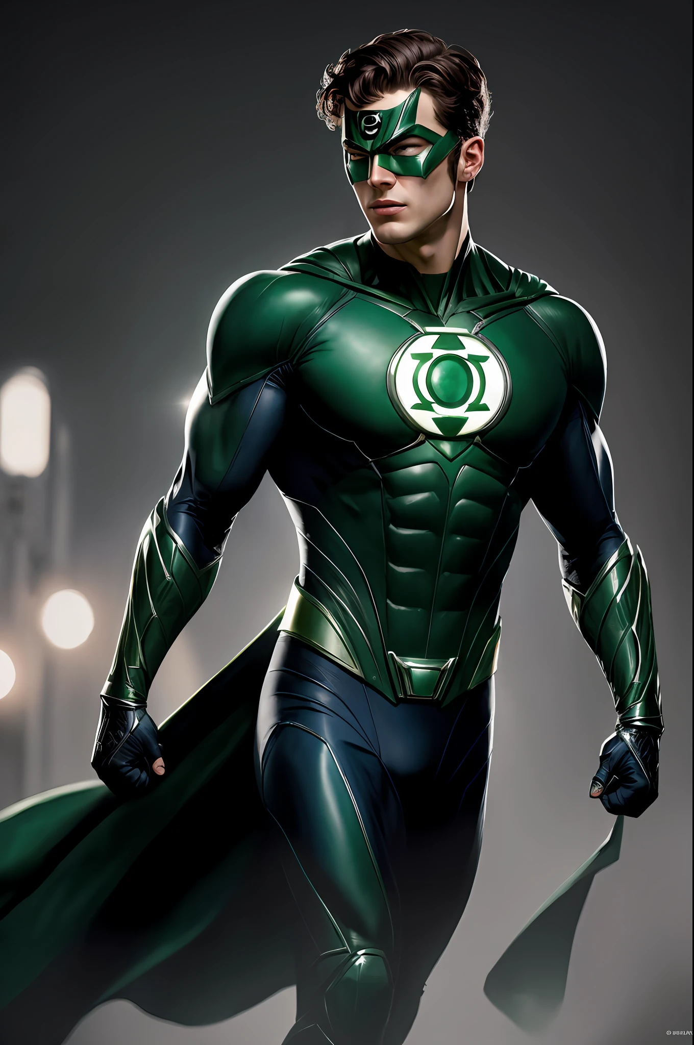 (16k, RAW photo, best quality, masterpiece: 1.2), ultra-detailed, formal art, photorealism: 1.37, upper body photo, (Eastern Milher, DC Green Lantern superhero beauty, film grain, action pose
