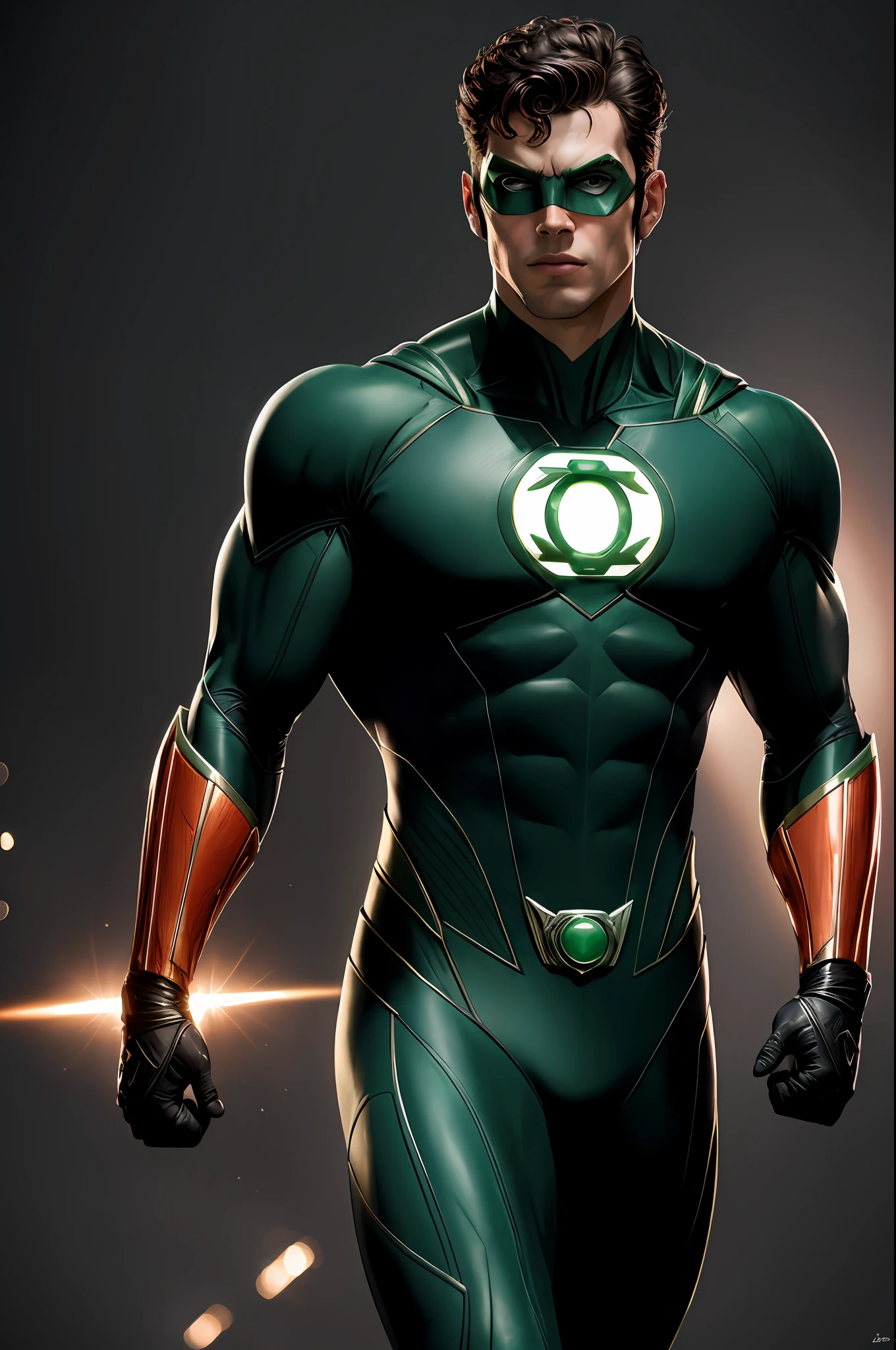 (16k, RAW photo, best quality, masterpiece: 1.2), ultra-detailed, formal art, photorealism: 1.37, upper body photo, (Eastern Milher, DC Green Lantern superhero beauty, film grain, action pose