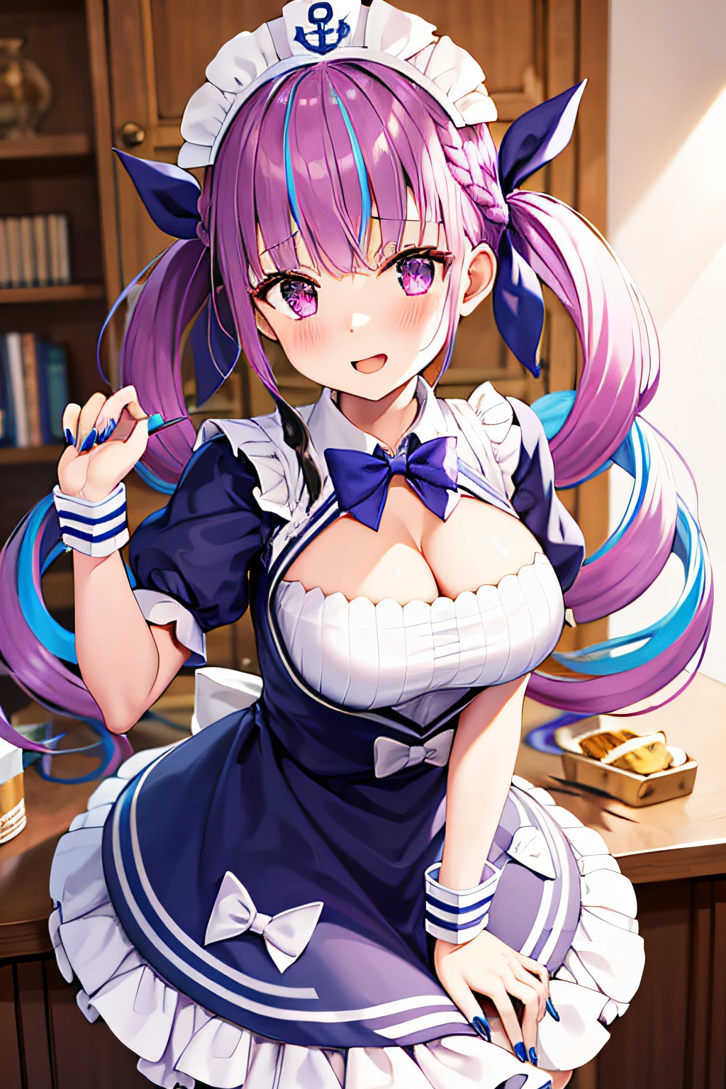 Masterpiece, Top Quality, Hi-Res, One Girl, Virtual YouTuber, Minato Akua, Long Hair, Multicolored Hair, Dress, Twin Tails, Maid Headdress, Color Inner Hair, Purple Eyes, Anchor Symbol, Blue Hair, Ribbon, Two-Tone Hair, Short Sleeves, Braids, Blue Dress, Wrist Cufflinks, Ribbons, Bangs, Drill Hair, Blue Nails, Twin Drills, Puffy Short Sleeves, hair ribbon, purple hair, puffy sleeves, ahoge, ankle cuffs, dress ribbon, maid, ruffles, nail polish, striped hair, white bow, big breasts, cowboy shot