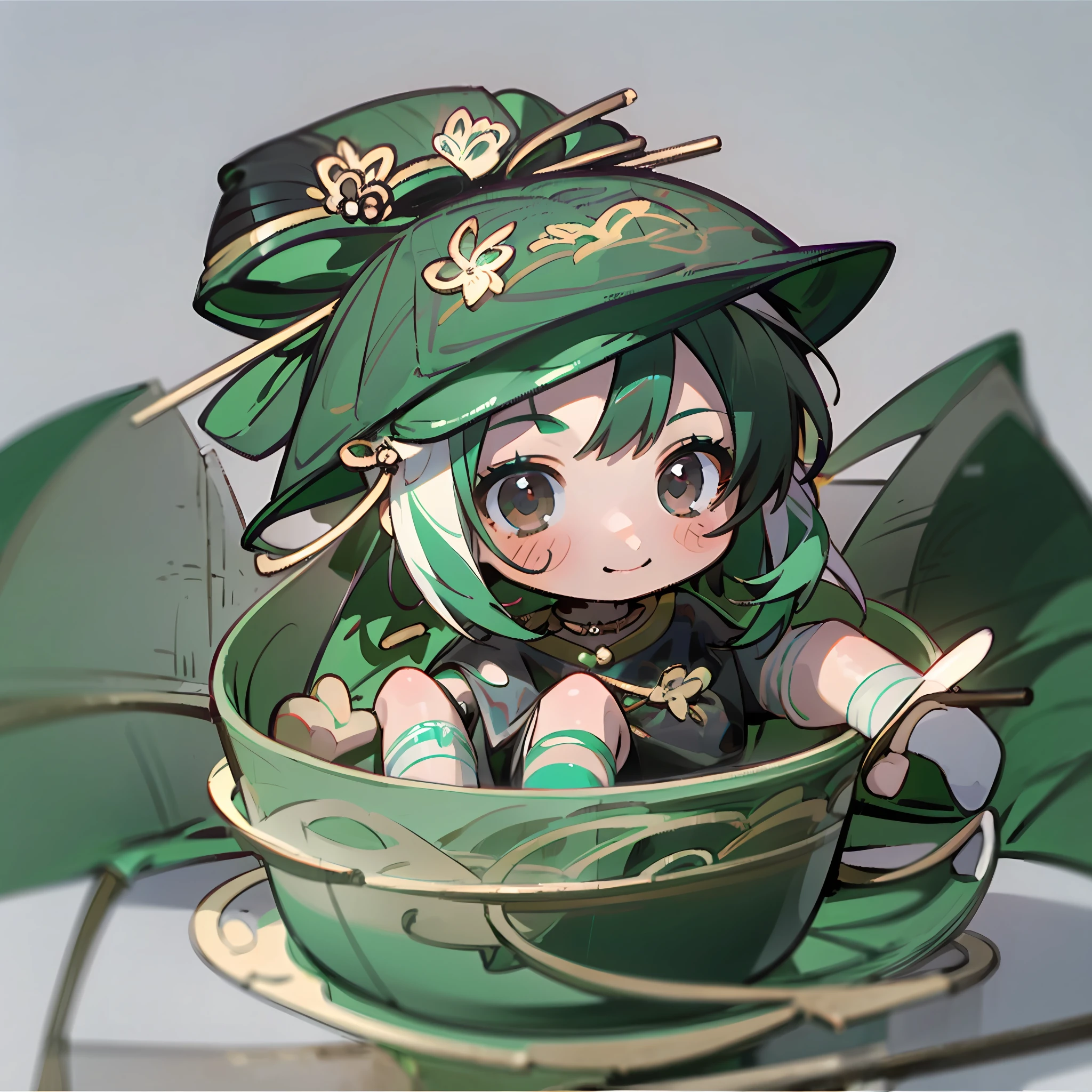 (a small doll with a green triangular hat), (sitting inside a large bowl), cute 3 d render, cute detailed digital art, cute digital art, cute cartoon character, adorable digital painting, cute! c4d, cute character, pop japonisme 3D, (white background), ultra detailed, by Yu Zhiding, 3d model of a japanese mascot, nendoroid 3d, cute forest creature