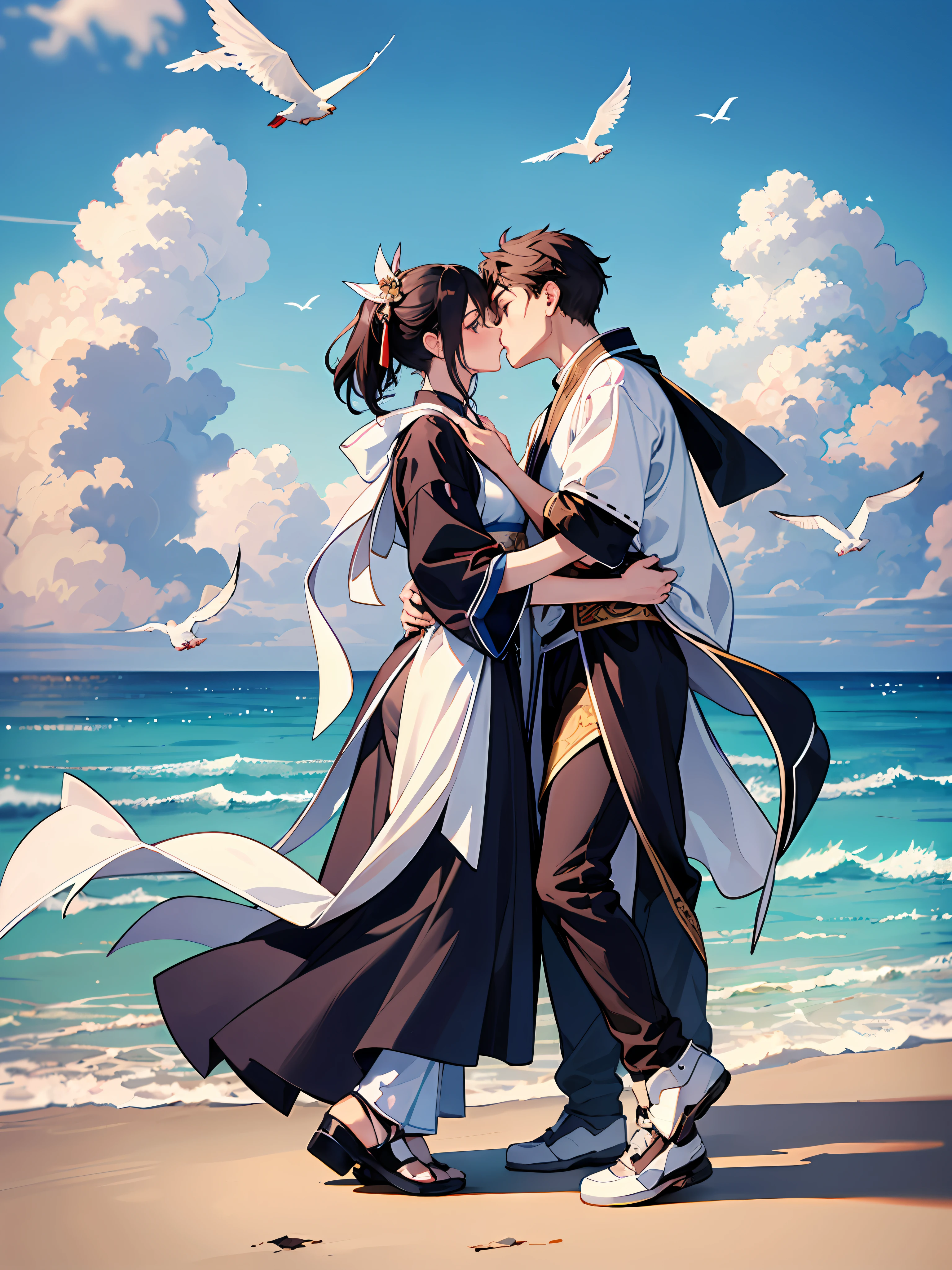 Center, Realistic, Masterpiece, Medium Scene, Full Body, Hyperfocal, Best Quality, 8K, Crazy Detail, Intricate Detail, Ultra Detail, Ultra Quality, High Detail, High Detail, 2people\(1boy and 1girl\), Hug, Side Face, ((Kiss::1.2)), ((Affectionate Eyes:::1.2)), Hanfu, Chinese Costume, Boy Wears Black, Girl Wears White Hanfu, Background Sea, Daytime, Blue Sky and White Clouds, Seagulls.