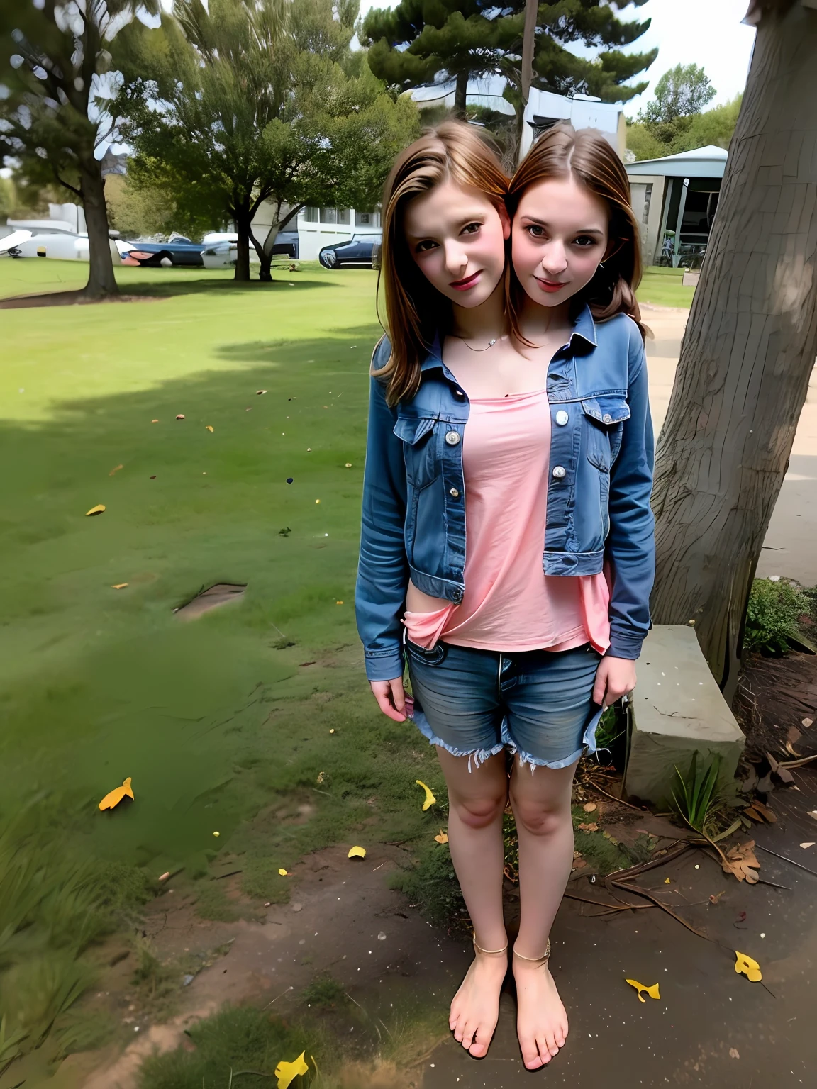 2heads, two headed girl, (one torso:1.5), pale skin, Scottish redhead, teenager, white girls, different ages, (two heads on one body:1.4), (first head uncomfortable:1.5), (second head unhappy:1.5) conjoined twins, heads side by side, one torso, young, uncomfortable, barefoot