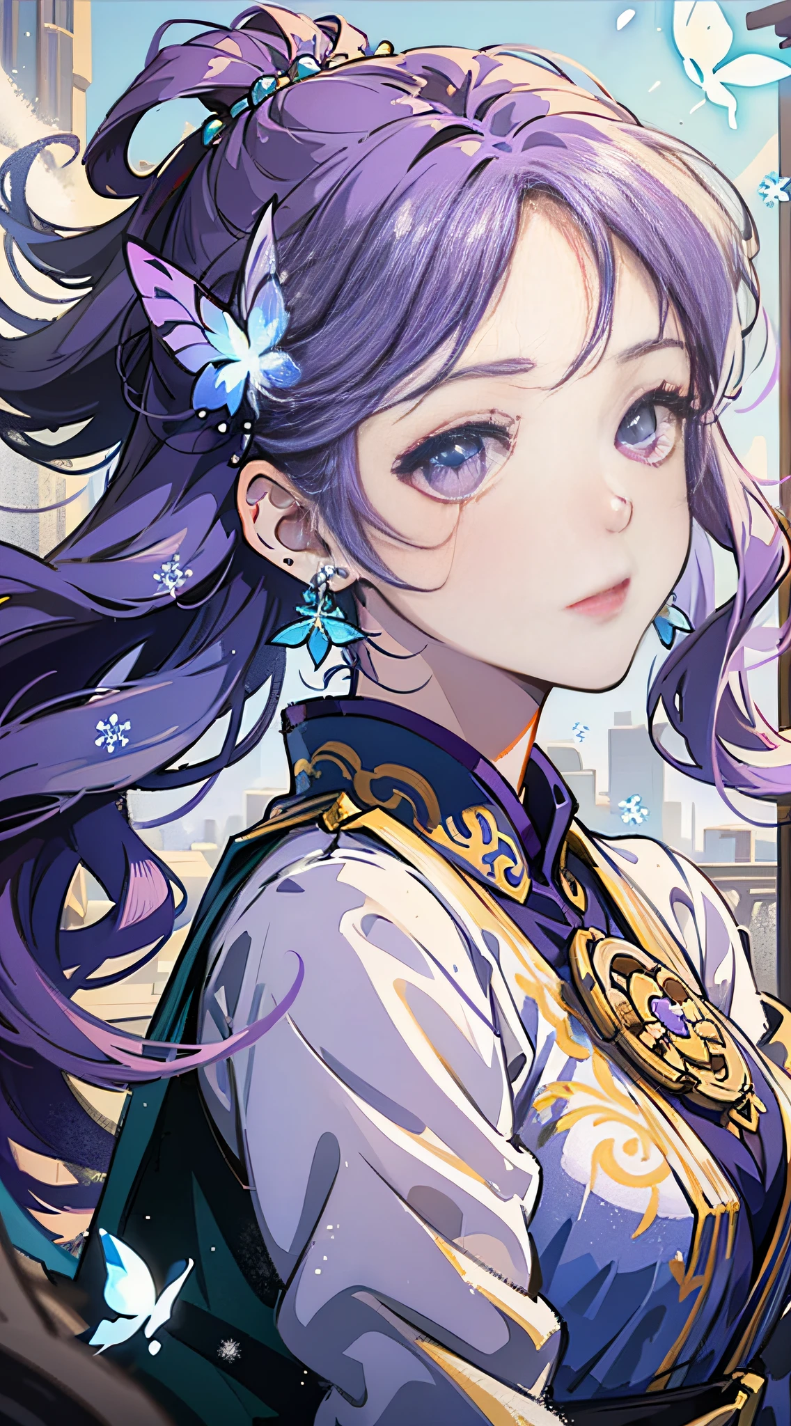 Official Art Illustration, Antique Beauty, Purple Eyes, Lilac Hair, Floating Hair, Delicate Eyes, White Chinese Style Costume, Gorgeous Accessories, Wearing Earrings, Sexy, FOV, F/1.8, Masterpiece, Outdoor Snow, Snowflakes, Blue Butterflies Flying, Side Light, Sunlight on People, 8K, Hazy, Close-up