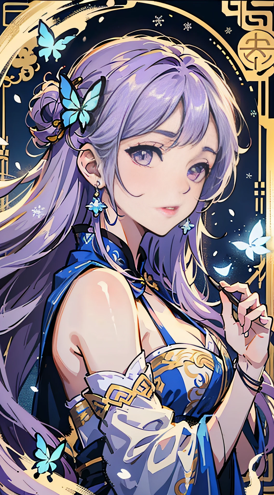 Official Art Illustration, Antique Beauty, Purple Eyes, Lilac Hair, Floating Hair, Delicate Eyes, White Chinese Style Costume, Gorgeous Accessories, Wearing Earrings, Sexy, FOV, F/1.8, Masterpiece, Outdoor Snow, Snowflakes, Blue Butterflies Flying, Side Light, Sunlight on People, 8K, Hazy, Close-up