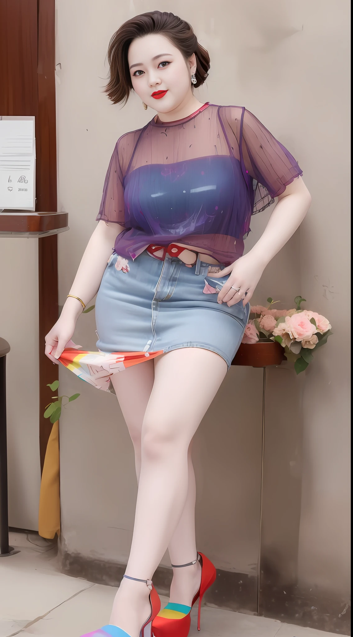 Very fat plus-size cute girl, wearing ((rainbow stripe short sleeves + short skirt)), (((red high heels))), full-body photo, very straight long legs, lady street photography, height 180cm