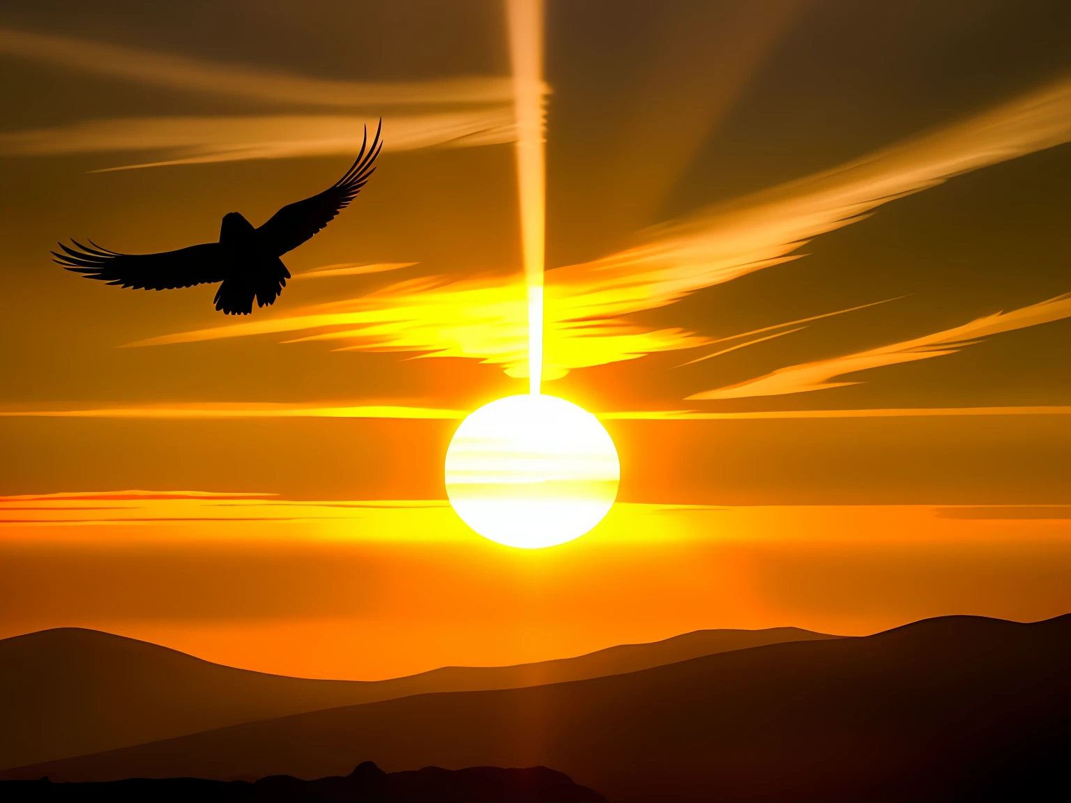 araffe flying in the sky at sunset with a large sun in the background, sun setting in the background, the sun on the horizon, the sun is setting, sun set, sunset in background, sunset in the background, notan sun in the background, nuclear sunset, sun sunset, sunset in the distance, sun is in the top, orange sun set