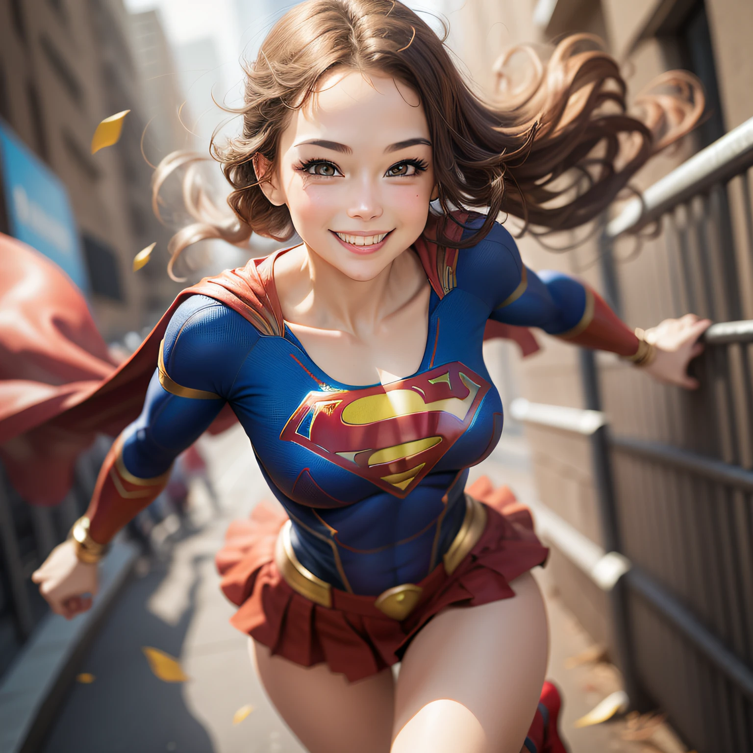 Supergirl, full body, smiling, flying, perfect hands