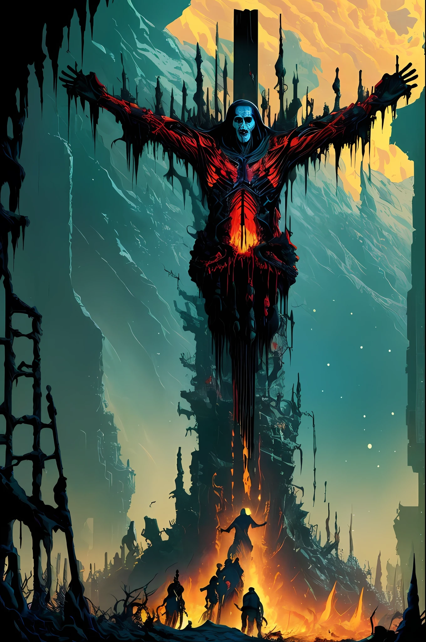 Jesus Christ crucified, war, horror, cosmic terror, dark tones, morbid atmosphere, nuclear disaster, dystopia, nightmare, blood, Apocalypse, Lovecraft, Anime by Kilian Eng