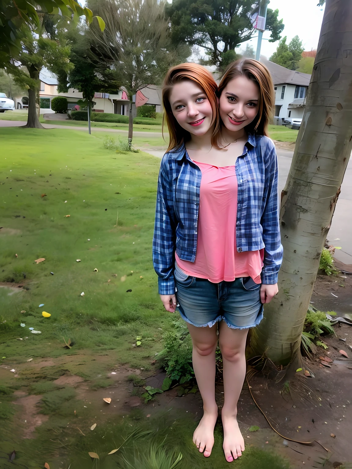 2heads, two headed girl, (one torso:1.5), pale skin, Scottish redhead, teenager, white girls, different ages, (two heads on one body:1.4), (first head uncomfortable:1.5), (second head unhappy:1.5) conjoined twins, heads side by side, one torso, young, uncomfortable, barefoot