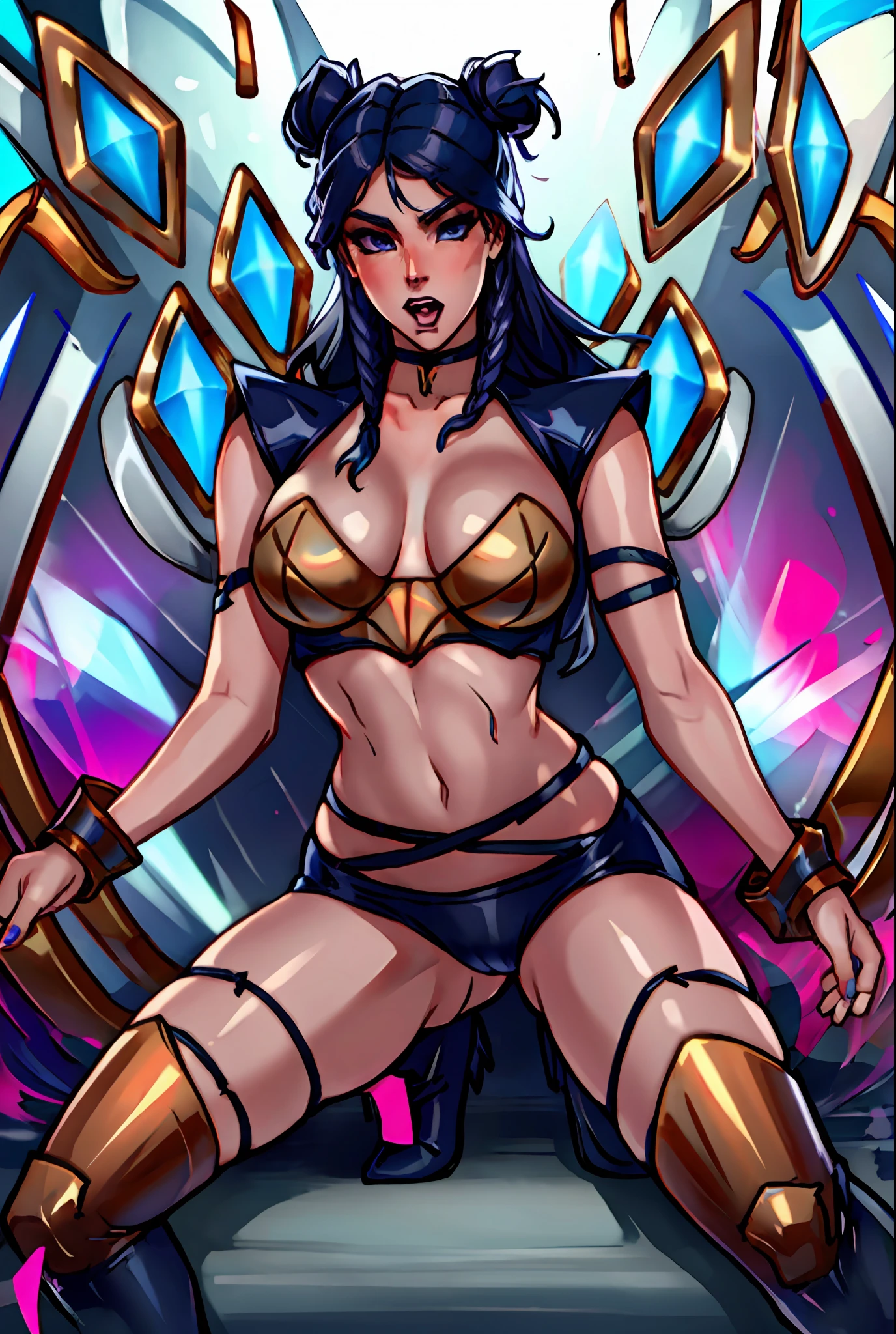 ((best quality)), ((masterpiece)), ((realistic)), (detailed), highly detailed skin, 1girl, K/DA all out Kai'Sa,All out alternate outfit,kpop,popstar navel, midrift, stunning gradient colors, no watermark signature, detailed background, insanely detailed, , ((masterpiece)), absurdres, HDR, spreading legs,slutty expression,bitch,pornstar, league of legends,topless,big breasts,moaning,lewd, expression,legs spread wide, spreading legs wide,