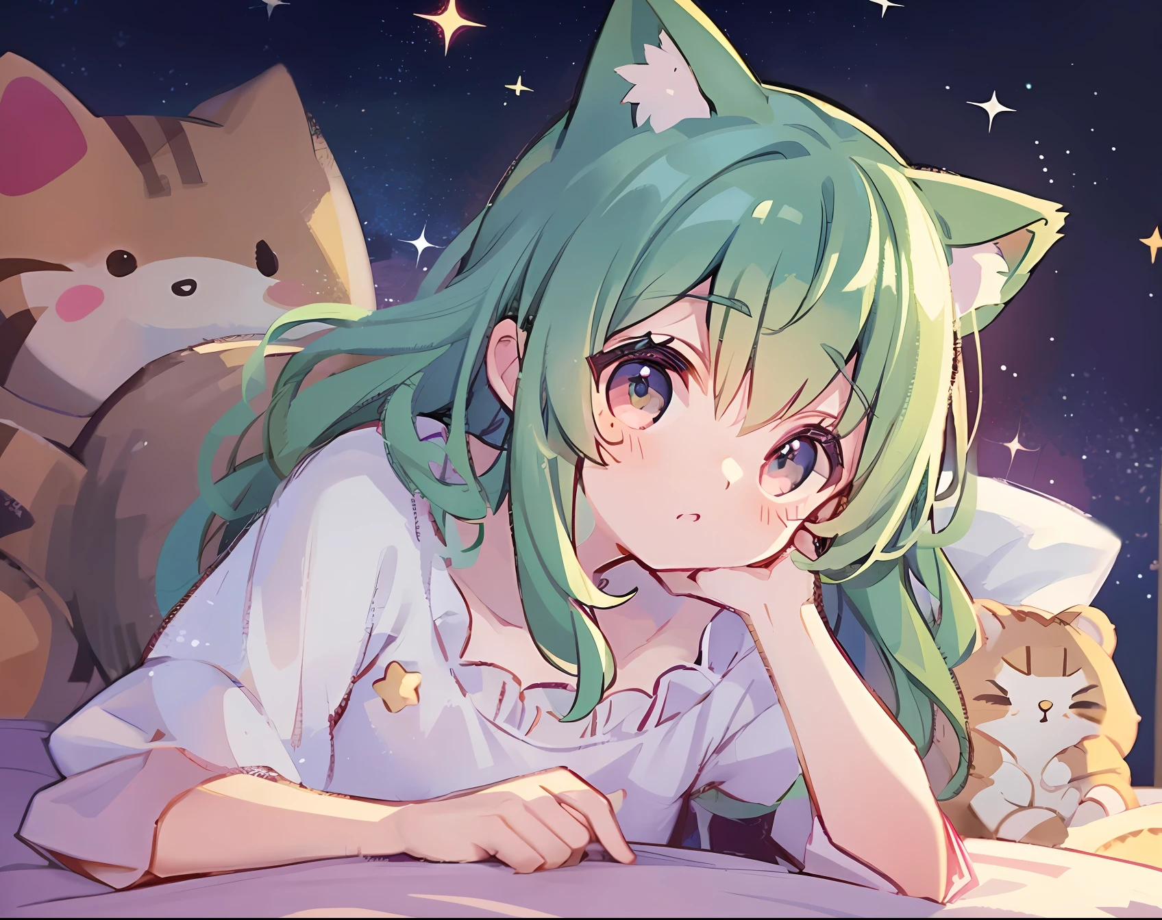 anime girl laying in bed with cat and teddy bear, cute anime catgirl, anime girl with cat ears, beautiful anime catgirl, nightcore, anime moe artstyle, very beautiful anime cat girl, anime catgirl, anime art wallpaper 8 k, anime visual of a cute girl, mikudayo, with huge luminous sad eyes, high quality anime artstyle