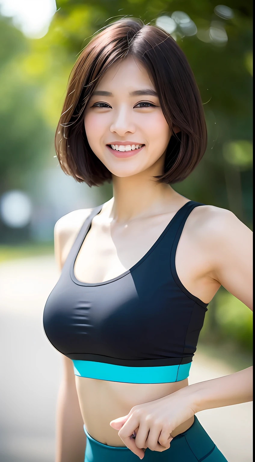 ((Top Quality, 8k, Masterpiece: 1.3)), Sharp Focus: 1.2, Perfect Body Shape Pretty Woman: 1.4, Slender Abs: 1.2, (Layered Haircut, Big: 1.8), (Sports Bra: 2.0), (Jogging: 1.8), (Street: 1.2), Highly Detailed Face and Skin Texture, Detailed Eyes, Double Eyelids, Smile, Bokeh,