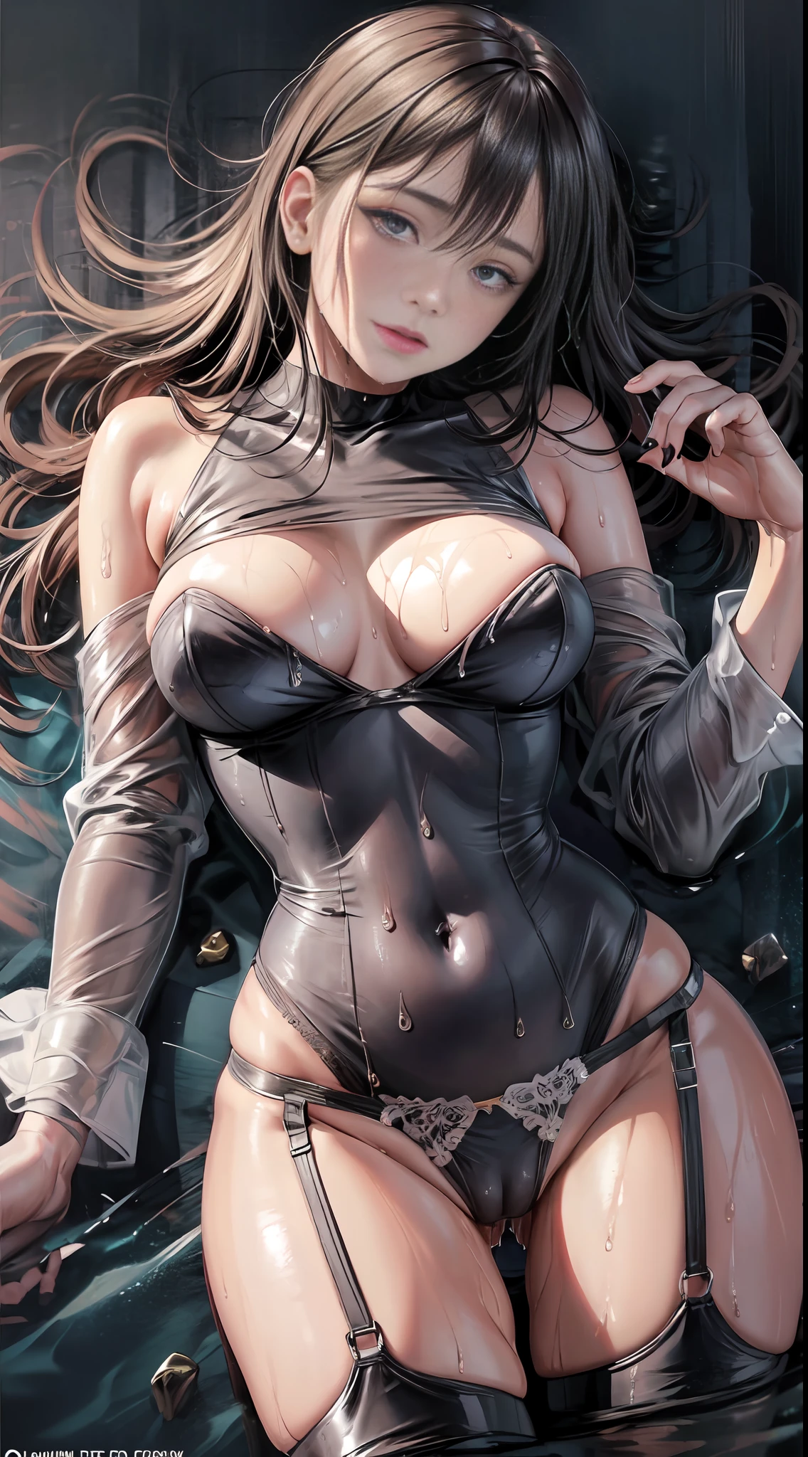 Shorts, arms crossed, cool, sheer, realistic: 1.33, ((((wet white shirt)))), (no bra))))), exposed shoulders and entire navel, no pants, ((((wet thin line thong panties)))), almost completely naked, nsfw, panties almost transparent, ((delicate private details)), (((thin line thong panties))) (master masterpiece: 1.2), best quality, high resolution, gradient pink hair, very detailed wallpaper, lying in bed, (Very detailed CG: 1.2), Heterophyllum, ((Bare pubic hair: 1.5)), Transparent, Full body, stockings, photorealism, ((Cameltoe: 1.5)), 8k, Perfect artwork, ultra-detailed rendering, highest quality, high resolution, detail maniac, realistic eyes, HD, high quality, delicate face, detailed body limbs, 1 girl, solo, fishnet clothes, dark lips, high forked long sleeves, bare breasts, blush, highlight, superb breasts, superb figure, white stockings, tights, open crotch, stockings, slim figure, dynamic posture,