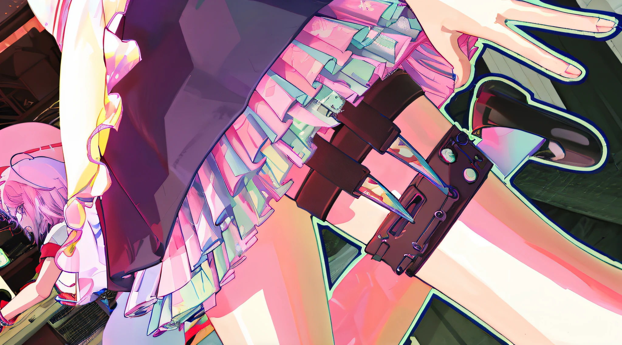 anime girl with pink hair and a black top holding a pink purse, hyper detail illustration, art deco outrun anime aesthestic, low detailed. digital painting, anime style hyper detailed, anime styled 3d, pop japonisme 3 d ultra detailed, vivid color.digital 2d, graphic glitches, detailed digital anime art, glitchpunk girl