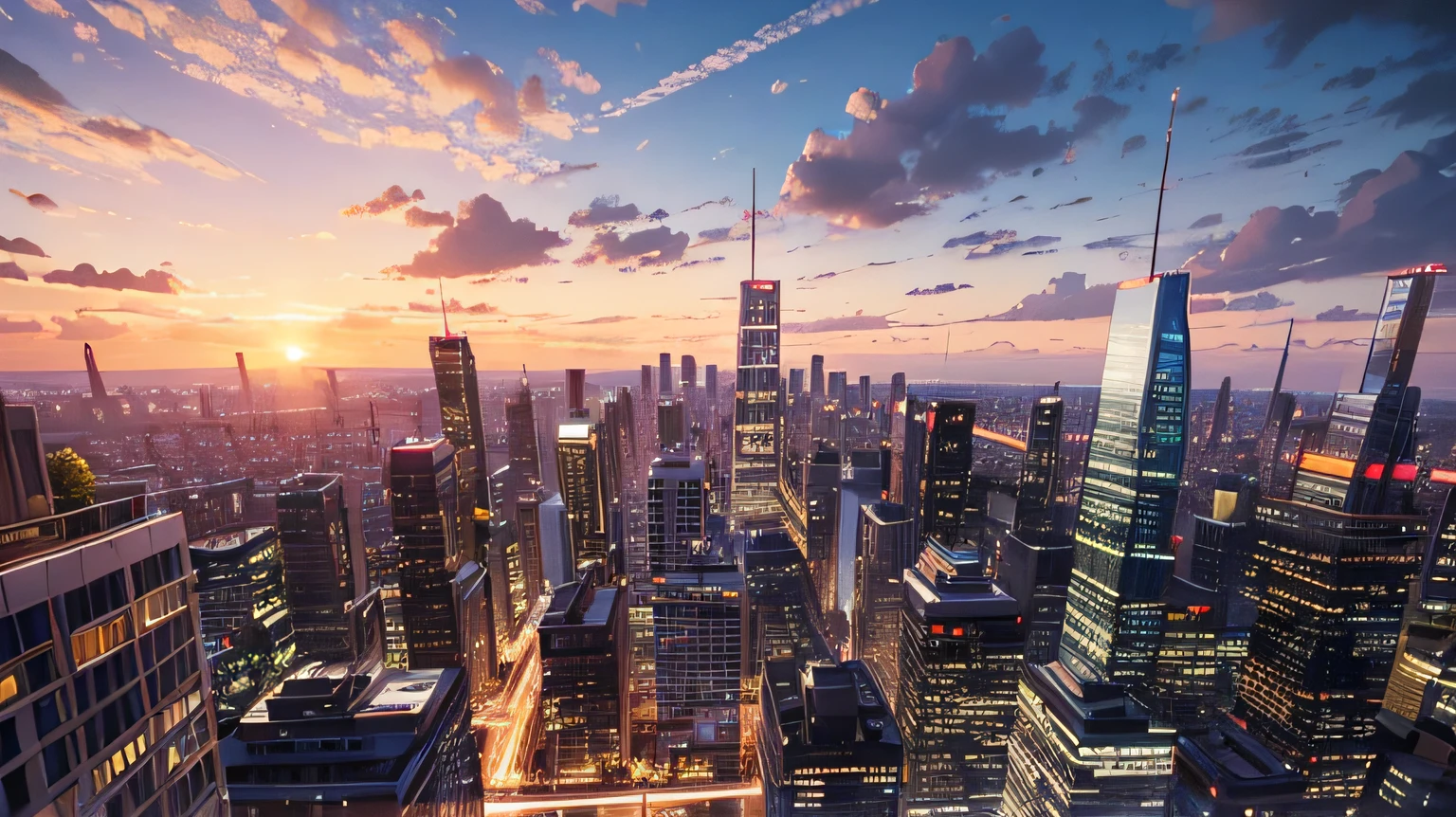 The city is bustling with traffic under the rising sun