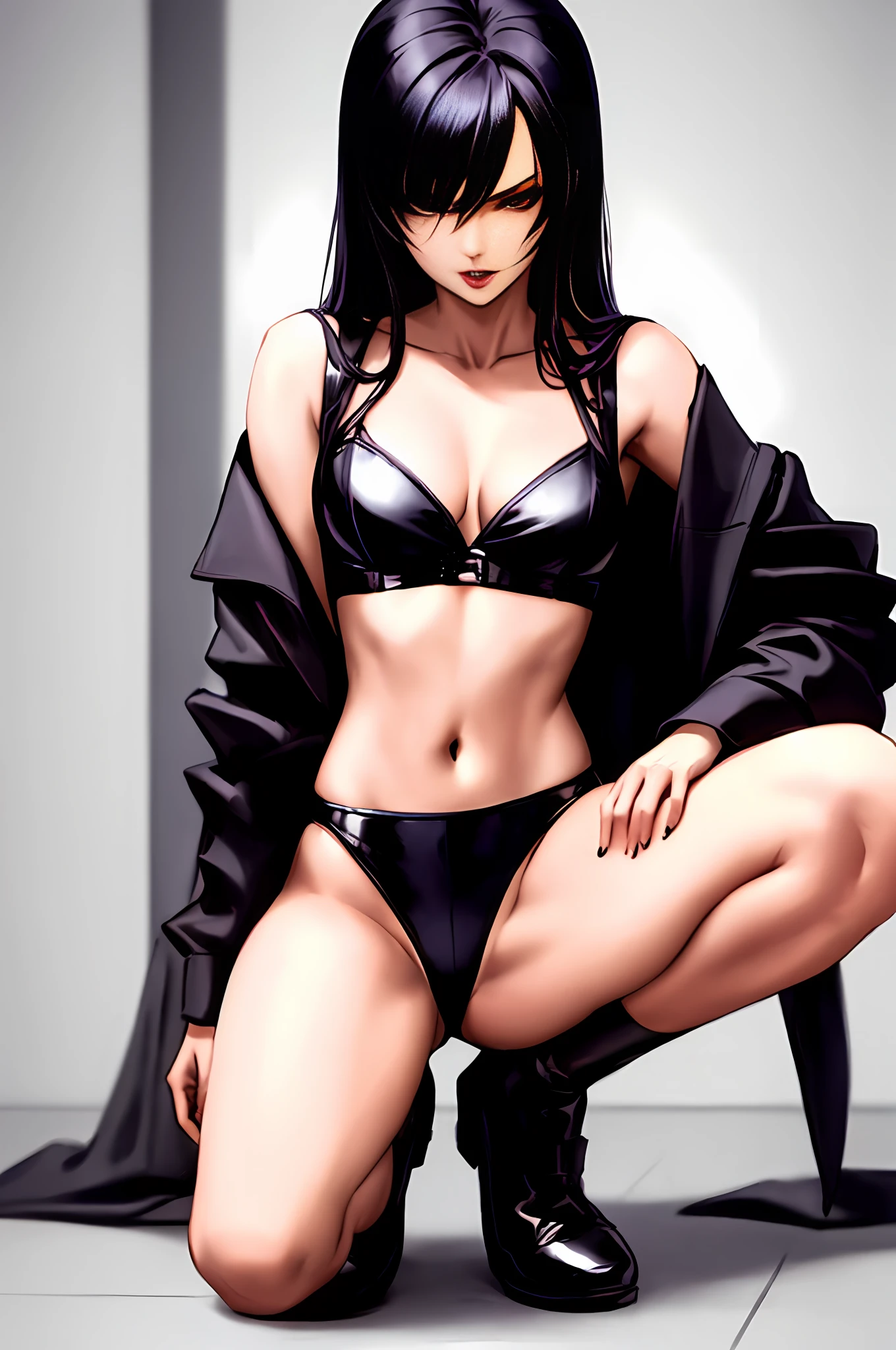 Anime art, full body half-squat, sexy woman in black, vicious underworld woman, erotic art, J.C. Leyendecker