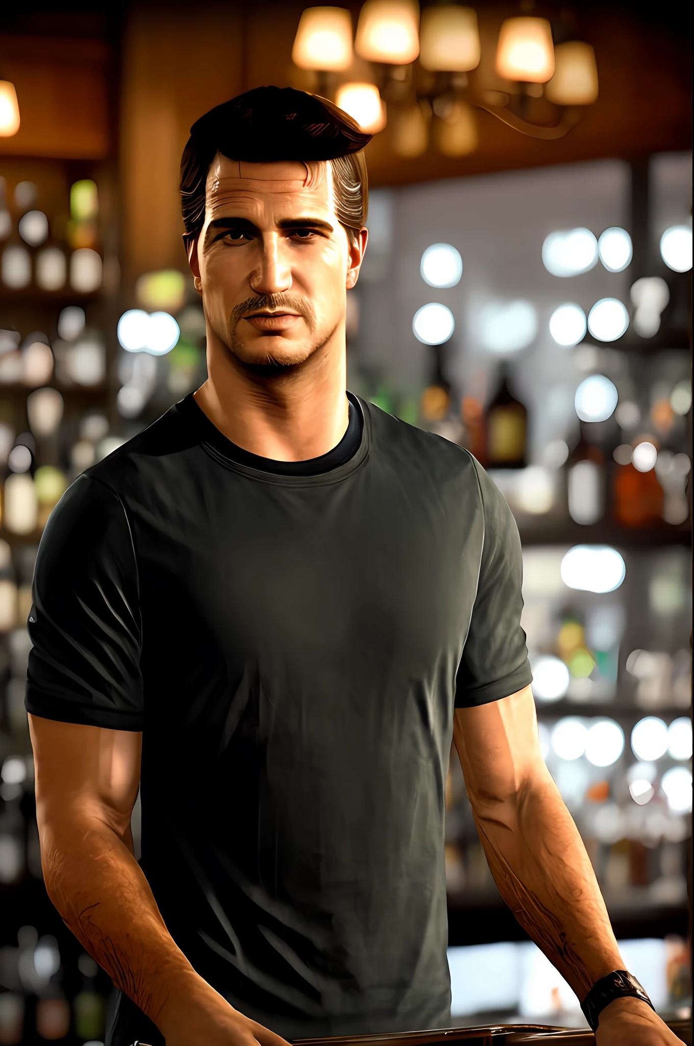 RAW photo, nathandrake man black shirt, working as a bartender (high detailed skin:1.2), 8k uhd, dslr, soft lighting, high quality, film grain, Fujifilm XT3