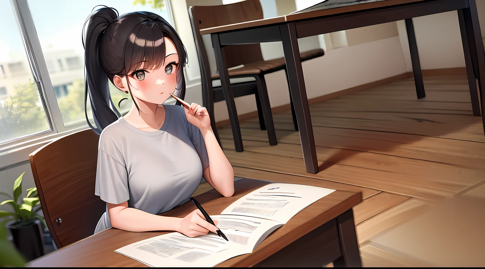 masterpiece, best quality, high resolution, one girl, loose t-shirt, girl sitting on chair studying drafting at desk, horizontal angle, serious study, paperwork, good luck studying, drafting, cute, 18 years old, high ponytail, architect