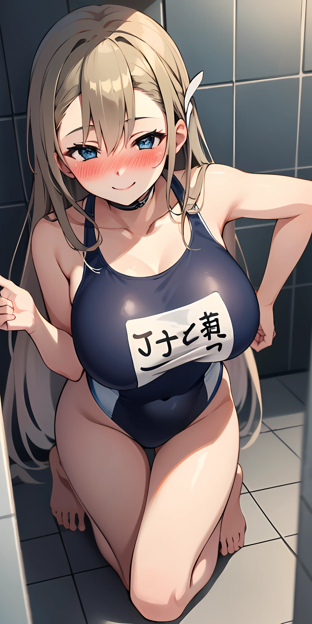 (Best quality:1.3), asuna, long hair, large round breasts, one-piece swimsuit, kneeling, restroom, (from above view, pov), (blushing:1.4), smiling