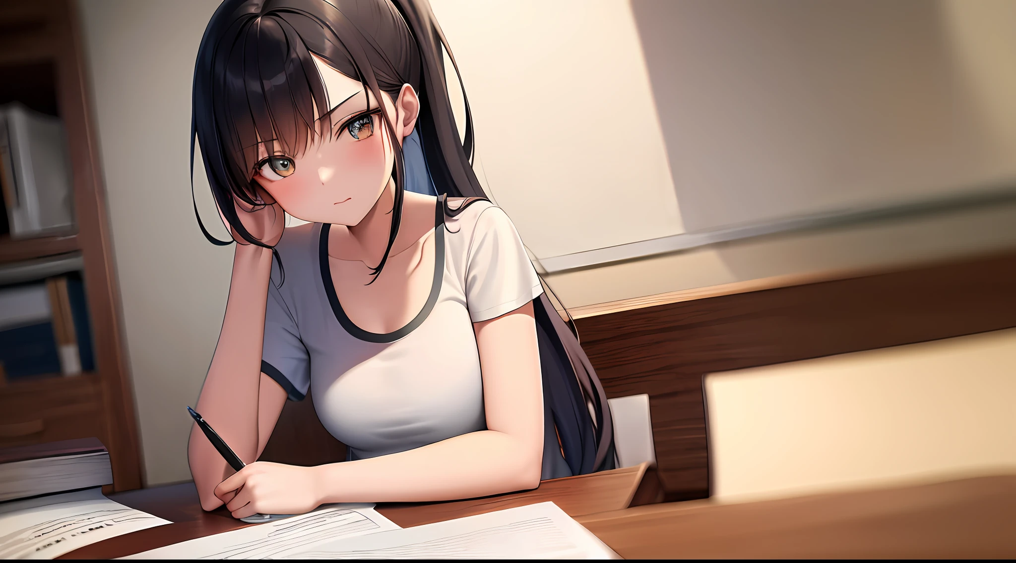 masterpiece, best quality, high resolution, one girl, loose t-shirt, girl sitting on chair studying drafting at desk, horizontal angle, serious study, paperwork, good luck studying, drafting, cute, 18 years old, high ponytail, architect