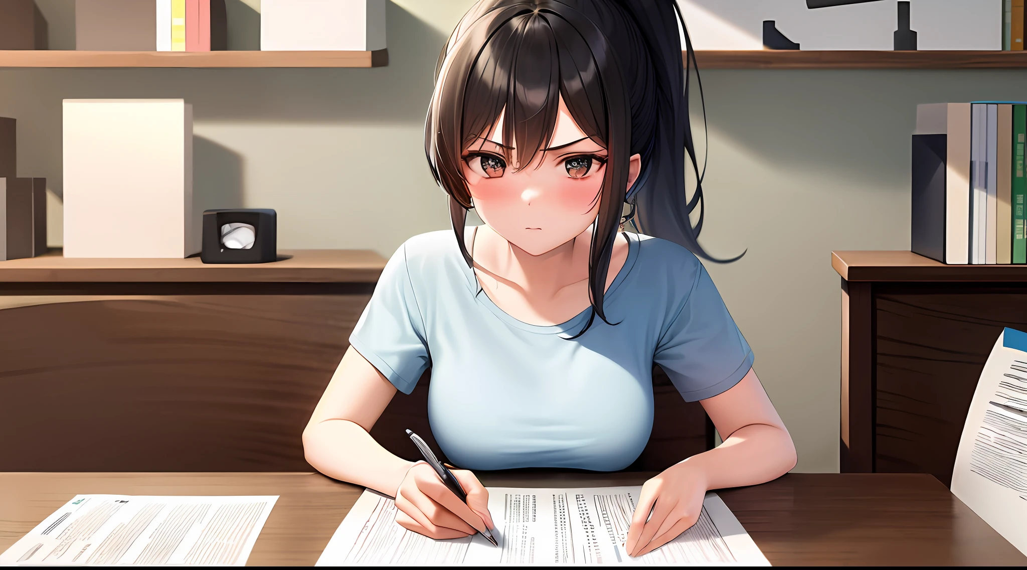 masterpiece, best quality, high resolution, one girl, loose t-shirt, girl sitting on chair studying drafting at desk, horizontal angle, serious study, paperwork, good luck studying, drafting, cute, 18 years old, high ponytail, architect