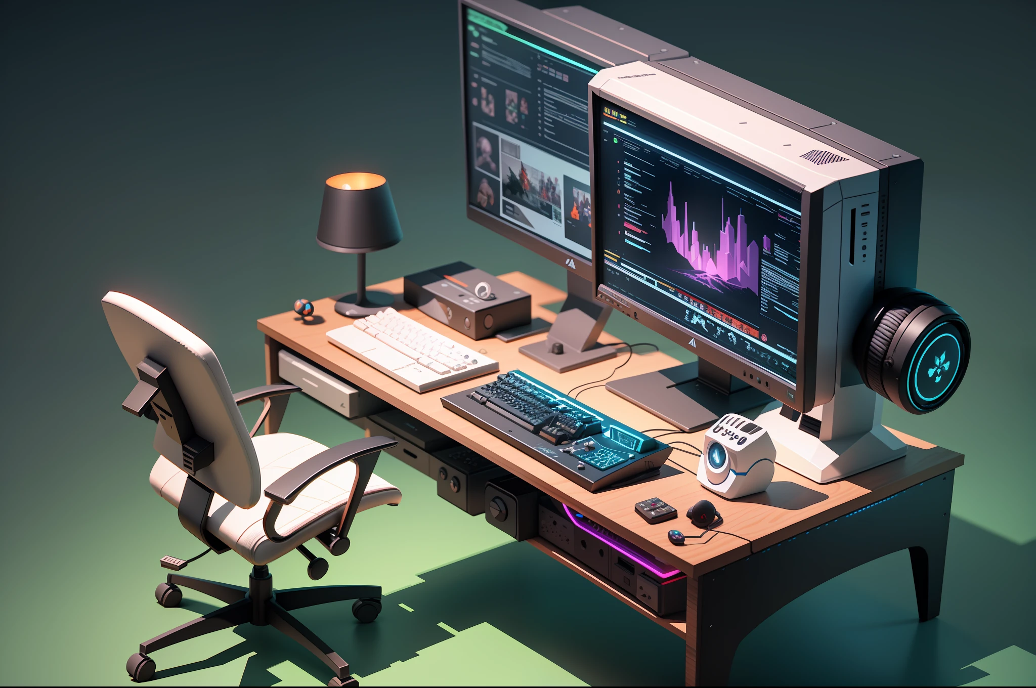 Isometric style, accurate 120 degrees, poly art, stylized 3D rendering, gaming room, computer setup, RGB lights, simplicity theme 3D stylized scene,