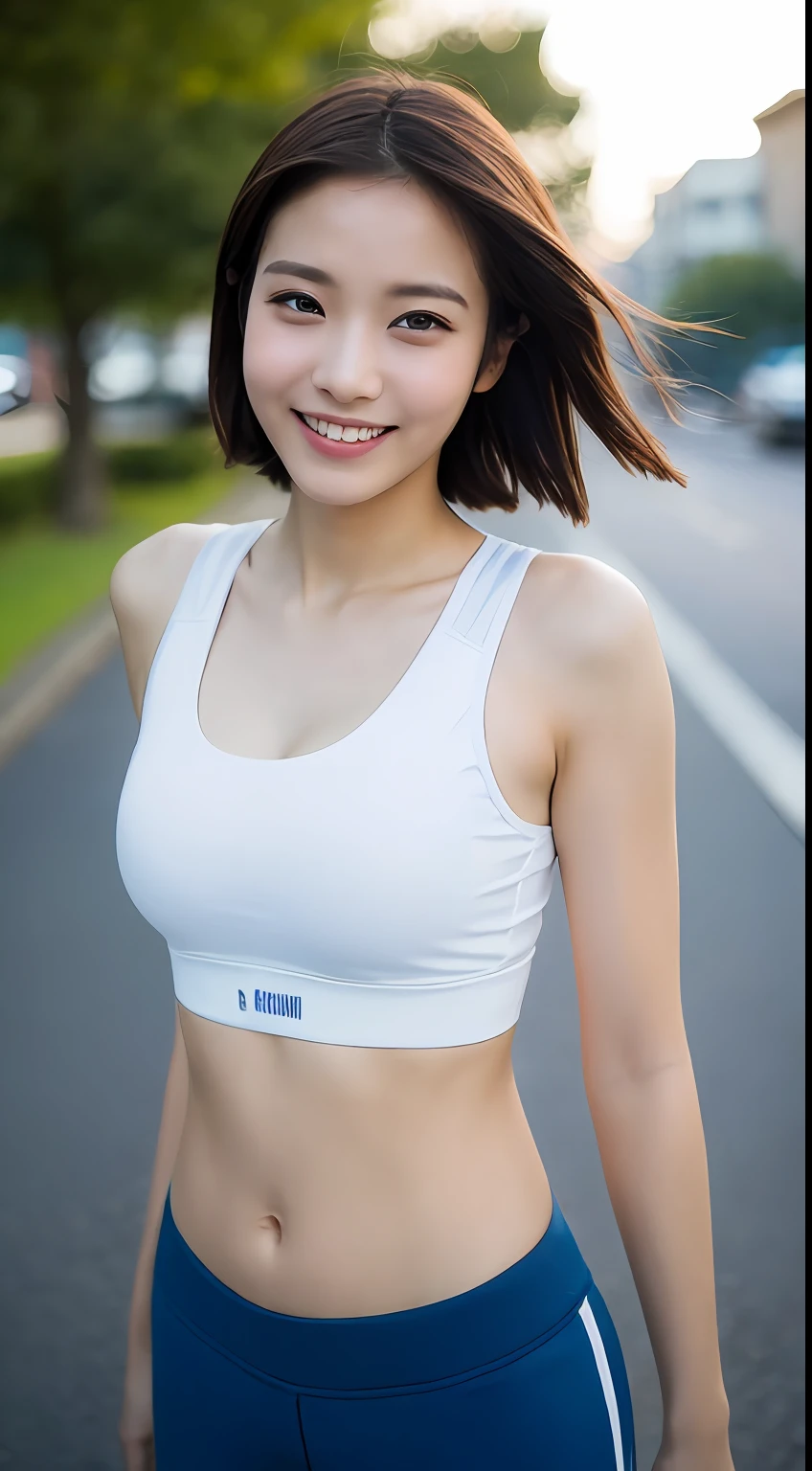 ((Top Quality, 8k, Masterpiece: 1.3)), Sharp Focus: 1.2, Perfect Body Shape Pretty Woman: 1.4, Slender Abs: 1.2, (Layered Haircut, Big: 1.8), (Sports Bra: 2.0), (Jogging: 1.8), (Street: 1.2), Highly Detailed Face and Skin Texture, Detailed Eyes, Double Eyelids, Smile, Bokeh,