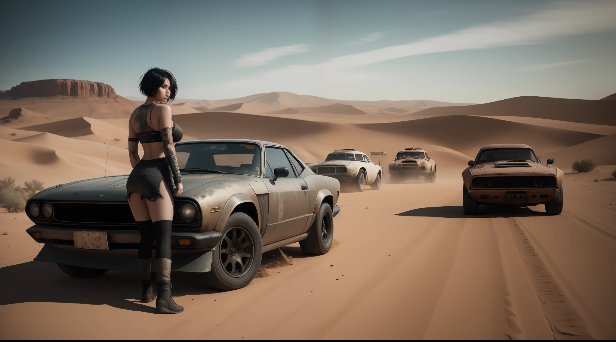 Cinematic landscape, a gorgeous woman with huge breasts and tattered clothes in the desert, with mad max style cars in the background, short black hair, day. cyberpunk aesthetics, action film shot by Kon Satoshi, Semi Impasto style, matte paint, atmospheric, bright, dramatic lighting