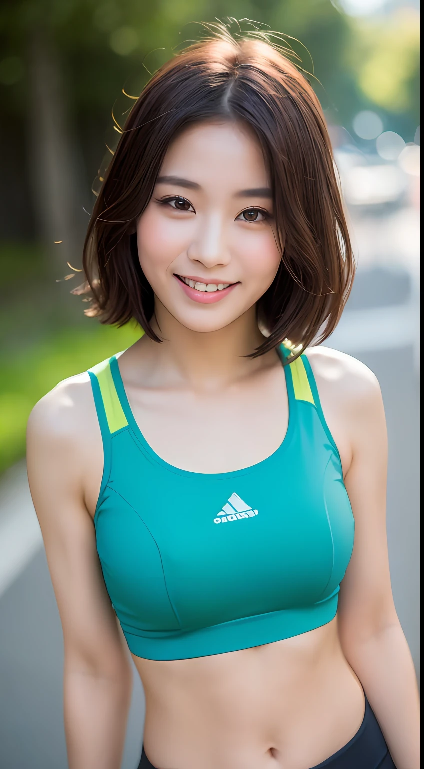 ((Top Quality, 8k, Masterpiece: 1.3)), Sharp Focus: 1.2, Perfect Body Shape Pretty Woman: 1.4, Slender Abs: 1.2, (Layered Haircut, Big: 1.8), (Sports Bra: 2.0), (Jogging: 1.8), (Street: 1.2), Highly Detailed Face and Skin Texture, Detailed Eyes, Double Eyelids, Smile, Bokeh,