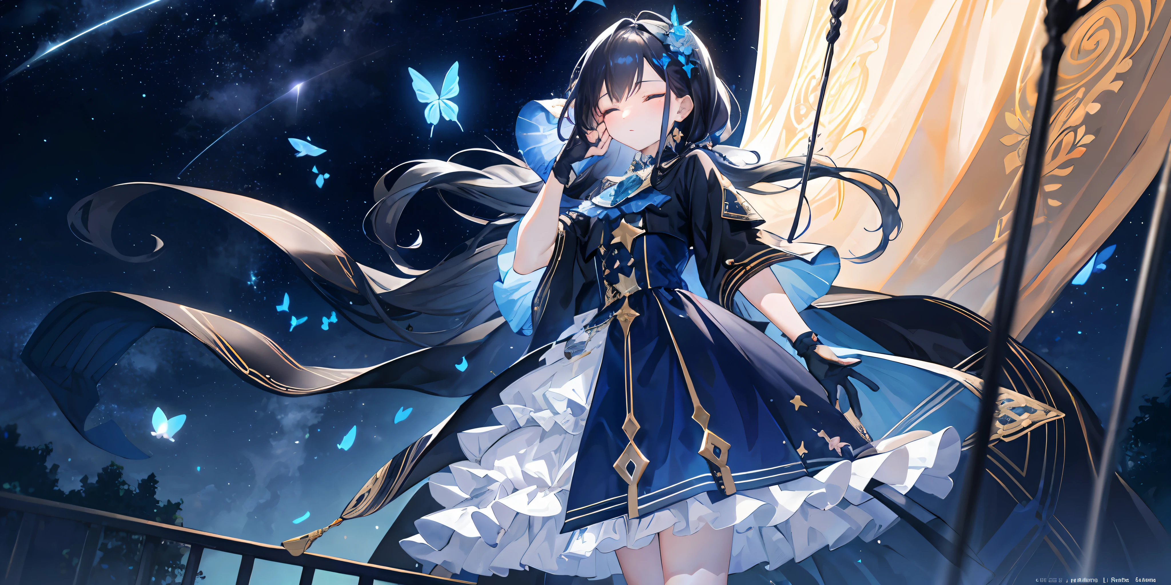 (extremely detailed CG Unity 8k wallpaper, best quality, masterpiece), ((4k, masterpiece, best quality)), a woman with a sisterly feel but a little mature, long dark blue hair, long hair up to the waist, loose hair, shawl, emerald green eyes, (single), full of stars, left hand slightly raised, left ring finger, dark blue oversized swing princess dress, wearing a dark blue trench coat, hidden stars under the skirt, dark blue butterflies flying around, garden theater background, star curtain, Wearing a dark blue veil with stars, suspenders, closed eyes and sleep, right hand with gradient blue star gloves, dark blue high heels, ((full picture)), smaller eyes, (beautiful face: 1.2), (flowing hair: 1.2), ((gorgeous starry sky background))