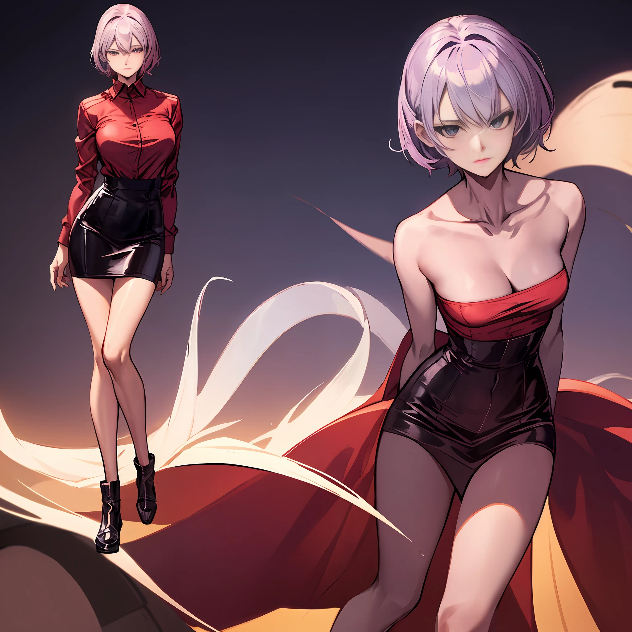 Masterpiece, manga master work, great anime, a beautiful underworld woman, gangster movie female BOSS, wearing a red silk shirt, black tight skirt standing under the empty night stars, full body standing, tall figure, slender legs, facial details, detailed body part details, side full body, 8k wallpaper