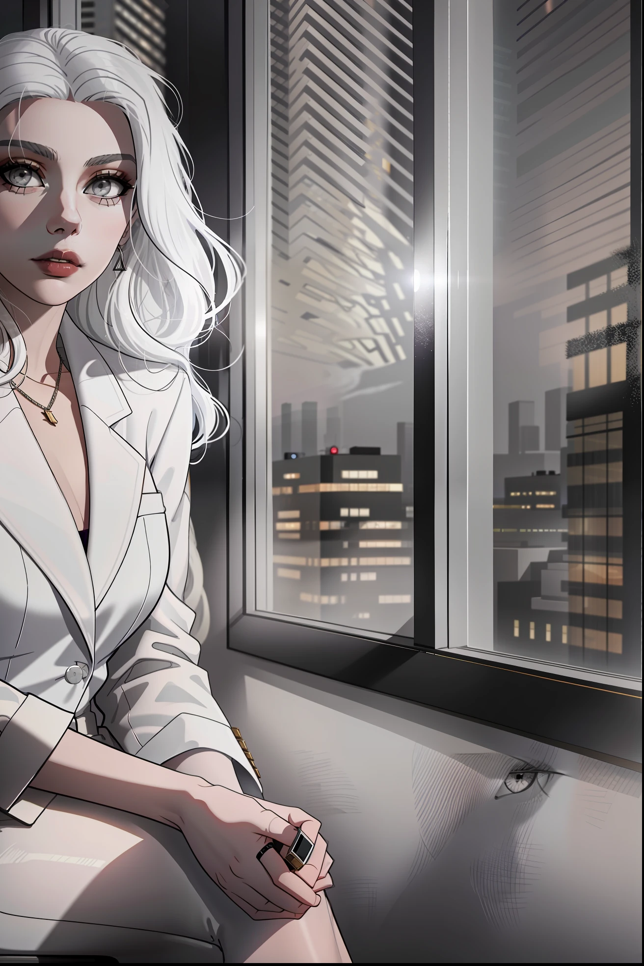 Woman wearing business outfit, formal blazer, white blouse, beautiful, masterpiece, best quality, perfect lighting, (white hair:1.2), long hair, (grey eyes:1.2), slender build, thin, medium breasts, business woman, ceo, sitting in luxurious black leather office chair, giant modern window with view of nighttime city skyline in background, close up