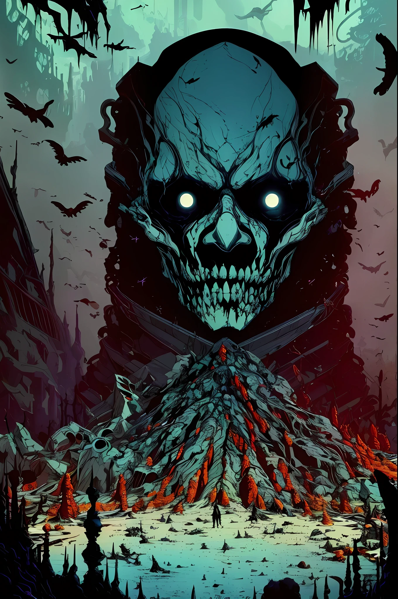 Black marble man's head surrounded by birds, war, horror, cosmic terror, dark tones, morbid atmosphere, dystopia, nightmare,blood,Apocalypse, Lovecraft, Anime by Kilian Eng
