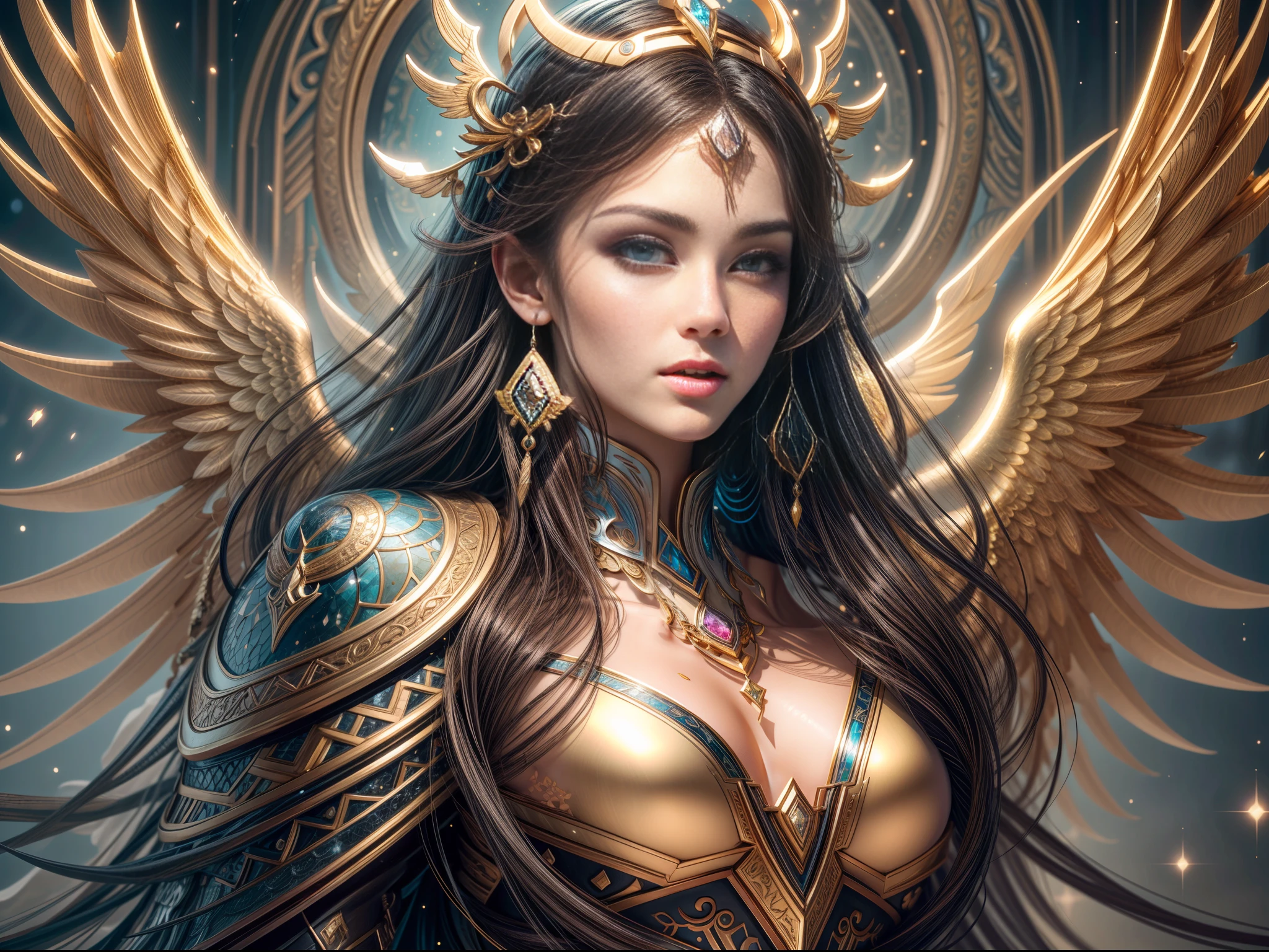 flat vector art, {stunning male Egyptian angel}, Luminous Studio graphics engine, goth Renaissance, long black hair with gold streaks, ethereal gold irises, tan skin, perfect and detailed angular sharp diamond shaped human face, Gold, Ray tracing, full lips, {defined eyebrows}, crystals, glitter, desert detailed background, white uniform, sharp focus, perfect anatomy, extremely detailed illustration, approaching perfection, dynamic, intricate details, ultra high definition, 8k resolution, glamour, glimmer, ethereal, {art by Ayami Kojima}, {art by Heise}, artstation, aesthetic, gothic, Lace, concept art, smooth, dreamy, backlit, fantastical, shadows, smooth, illustration, androgynous