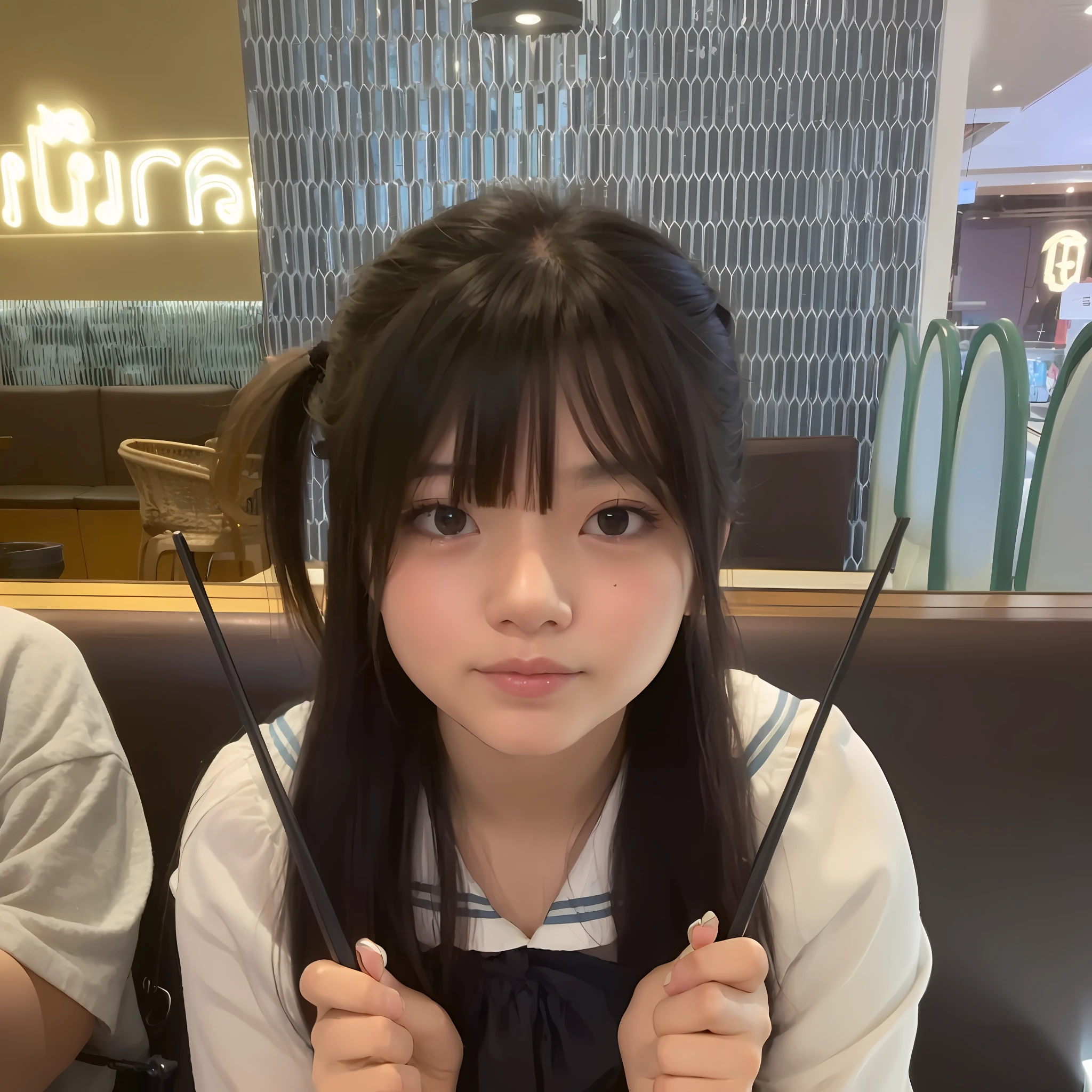 Loli young cute wan asian face, girl cute thin face, cute - fine face, neat hair with bangs, Sakimi Chan, she has black hair and bangs