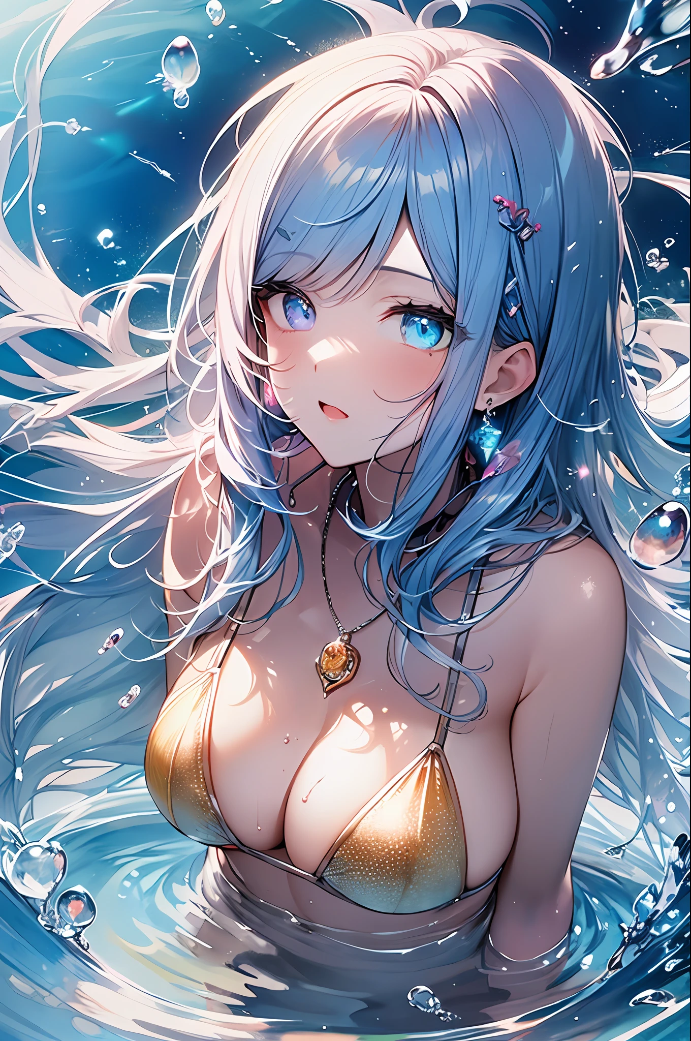 ((Masterpiece, Top Quality, Watercolor Art (Pendant), Official Art, Beautiful and Aesthetic: 1.2)), (Golden Ratio: 1.2), (Full Body: 1.2), (Ultra Detail: 1.3), (1 Girl: 1.3), (Fractal Art: 1.3), Full Body, (Glitter Pupil)), Pattern, (iridescent hair, colorful hair, half light blue and half pink hair: 1.2)), Colorful, writing, (Heterochromia), (Colorful: 1.5), ((Swimsuit)), (((Shy face)), ((Micro bikini)), (Standing Figure), (Hyper Detail), (Delicate Detail)), (Complex Detail), ((Cinematic Light, Top Quality Backlight)), High Contrast, ((Best Lighting, Very Delicate and Beautiful)), ((Cinematic Light)), (Ray-Traced Reflection, Shine) , (((Shining Aura)), ((Glowing Aura)), ((Glowing Hair)), ((Super Detail)), ((8K)), (Close Up)), Delicate Beautiful Face and Eyes,Focus on Face, Deep Sea Background,Masterpiece,Detailed Splashing Water, Shocking Sensation,(Real: 0.5), Original 2 High Saturation, (Surrounded by dots with colorful splashes), Colorful bubbles, Mermaid