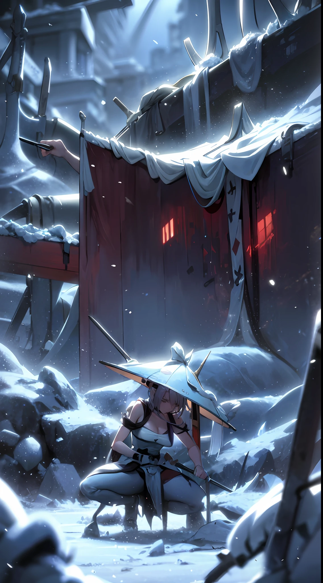 A swordsman leans down to draw a knife, wearing a big hat, movie shots fighting, opening, smoke, scene special effects, background in the ice field, there are ice and snow special effects