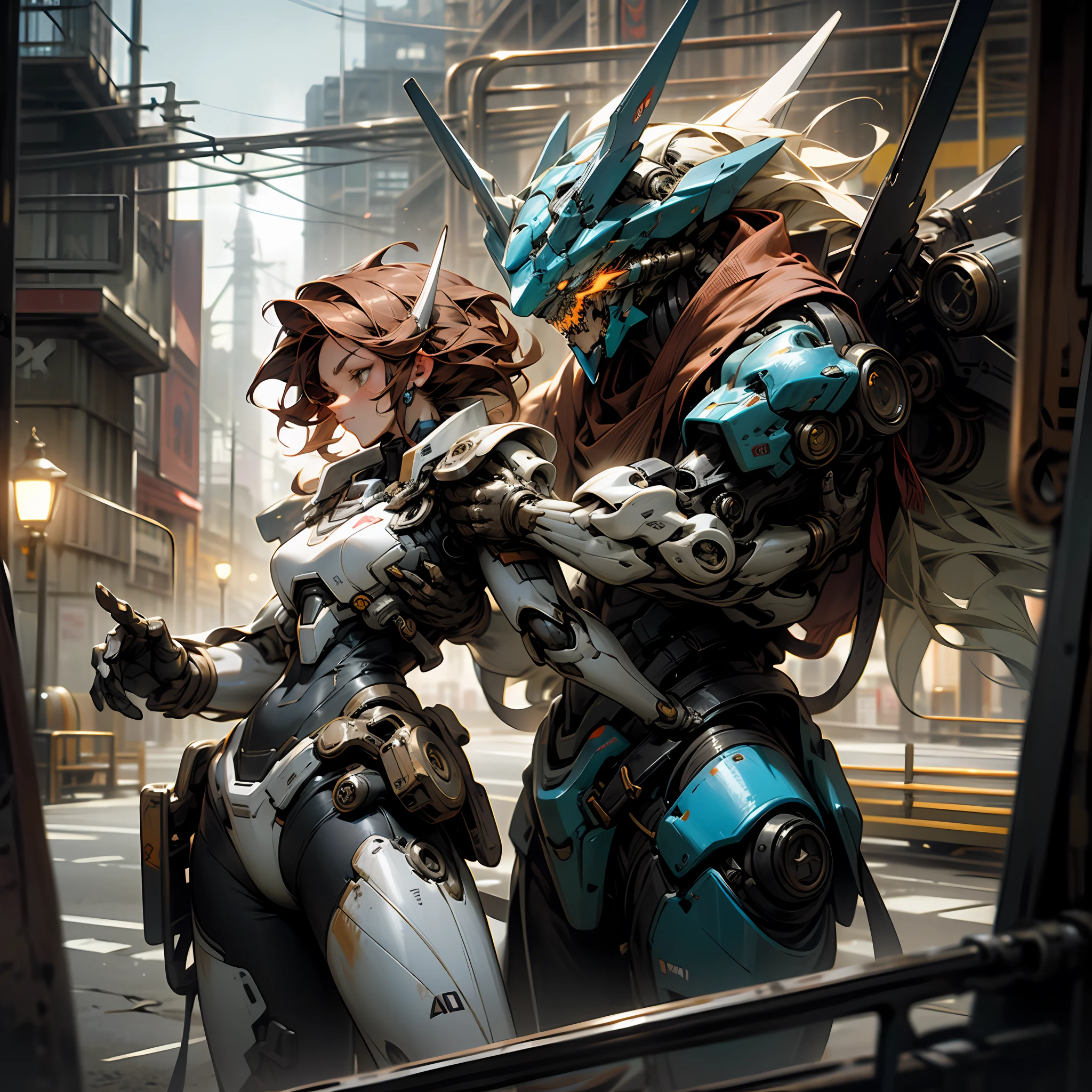 Wearing a tattered mecha suit, intricately crafted (made of steel and metal [rusted]), elegantly focused, photographed by Greg Rutkowski, with soft lighting, vibrant colors, masterpiece, (street), cowboy shooting, dynamic poses, --auto