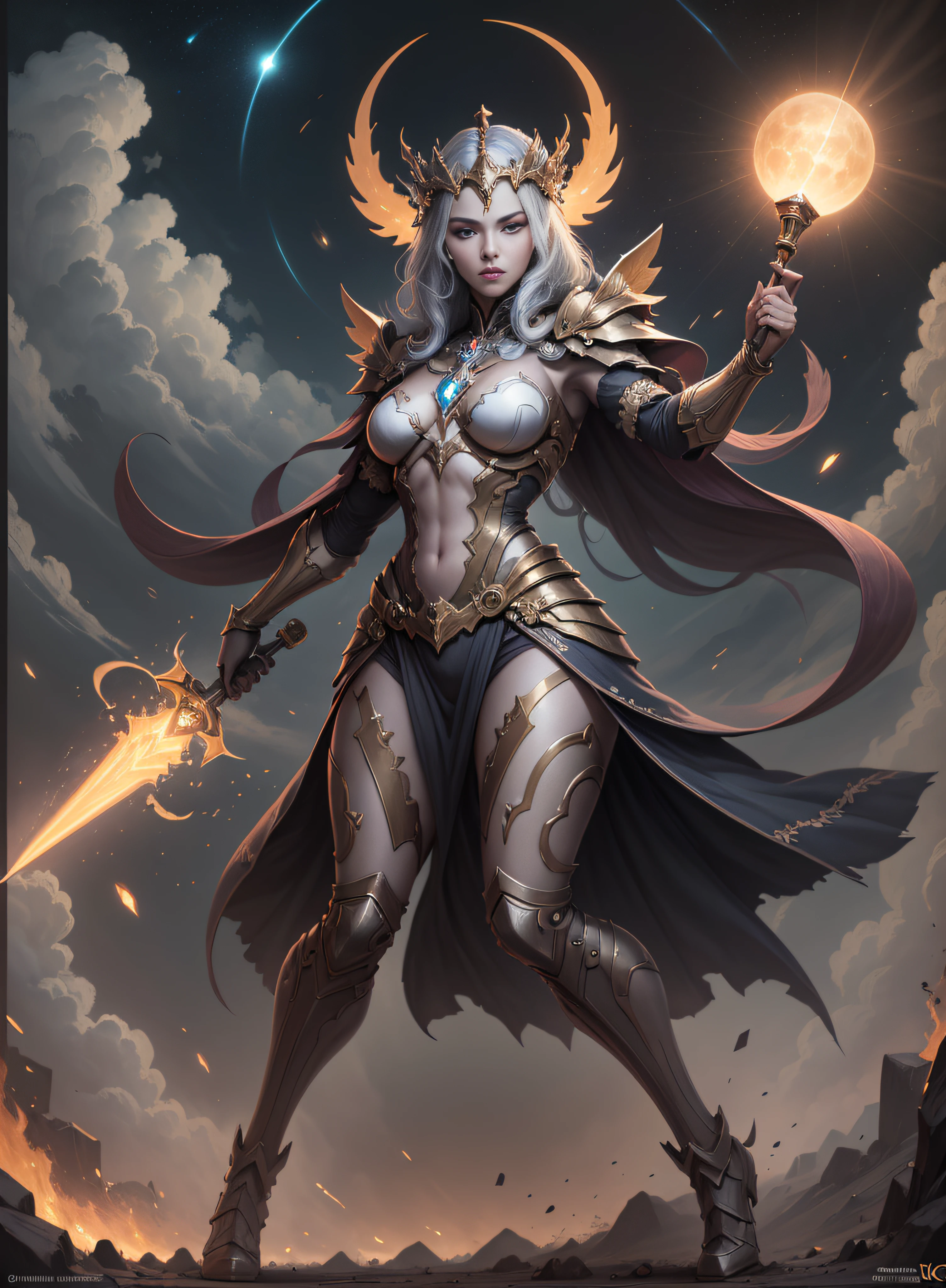 1 demon, emperor of darkness, detailed eyes, detailed face, detailed skin, mature body, tall body, seductive body, whole body, desert BREAK and pyramid bottoms, holding only a holy sun scepter, phoenix dragon in the sky, highly saturating sun rays, holy ceremony, angelic halo, dazzling golden and orange spark around, sacred magic circle, golden crown, golden majestic lightning, best quality, masterpiece, trend in art station, BREAK, detailed, realistic, highly detailed digital art 8k, octane rendering, bioluminescent, concept art resolution BREAK 8K, realism, by studios Mappa, masterpiece, best quality, official art, illustration, ligne claire, (cool_color), perfect composition, absurdists, fantasy, focused, full body in attack pose, night sky with clouds, full moon, 8k,