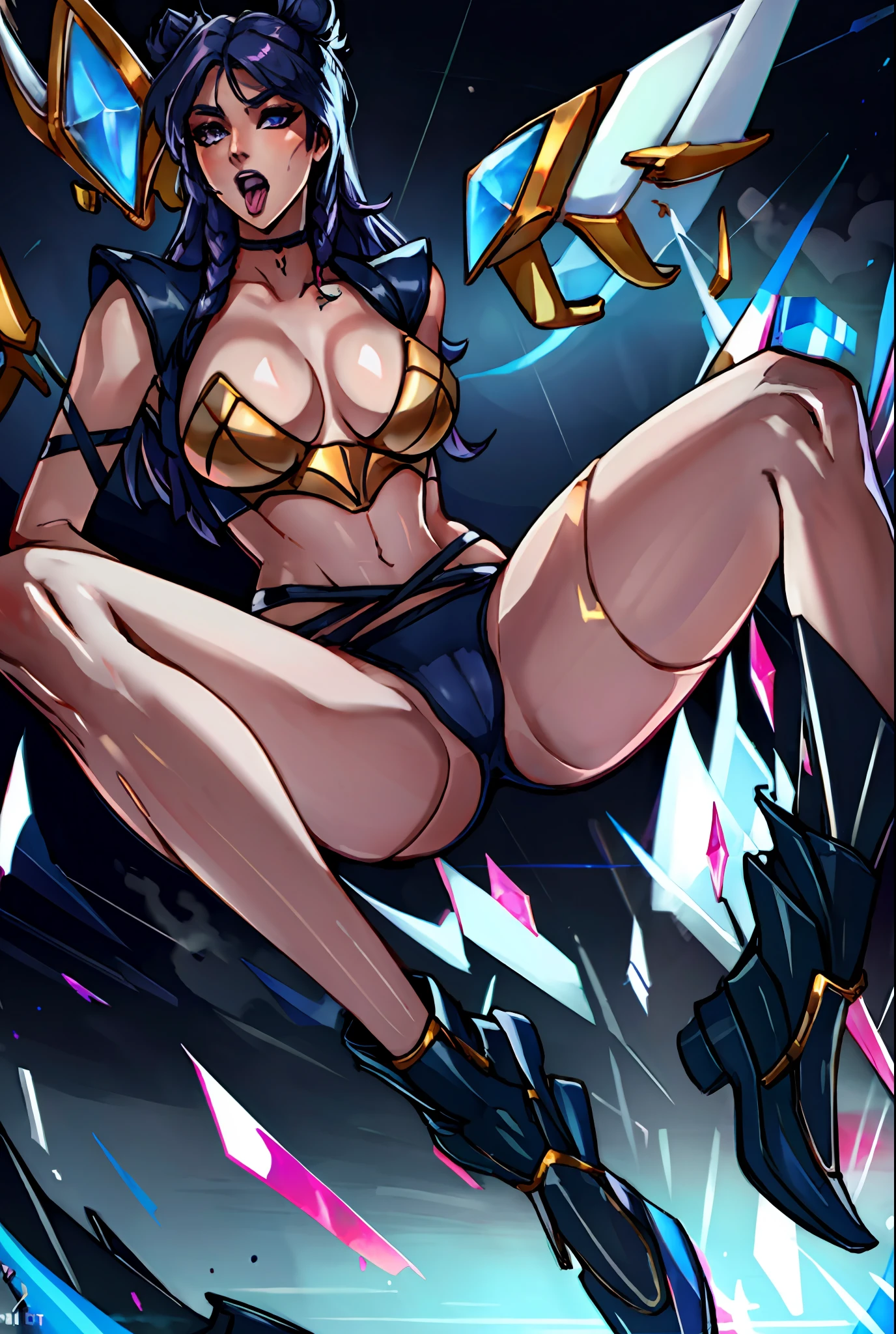 ((best quality)), ((masterpiece)), ((realistic)), (detailed), highly detailed skin, 1girl, K/DA all out Kai'Sa,All out alternate outfit,kpop,popstar navel, midrift, stunning gradient colors, no watermark signature, detailed background, insanely detailed, , ((masterpiece)), HDR, spreading legs,slutty expression,bitch,pornstar, league of legends,topless,big breasts,moaning,lewd, tongue sticking out,legs spread wide, spreading legs wide